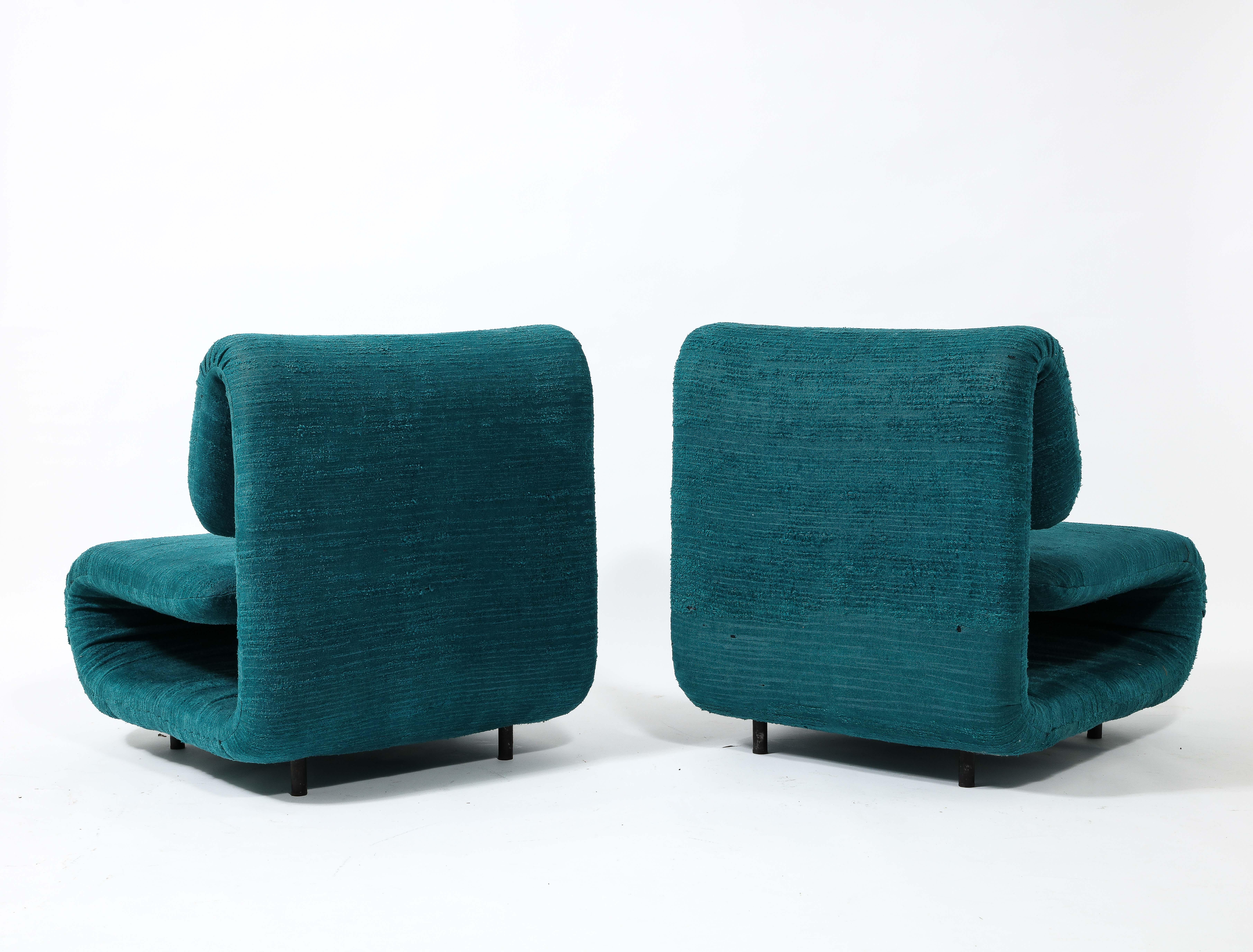 Etienne-Henri Martin Pair of 1500 Slipper Lounge Chairs in Teal, France 1960's For Sale 2