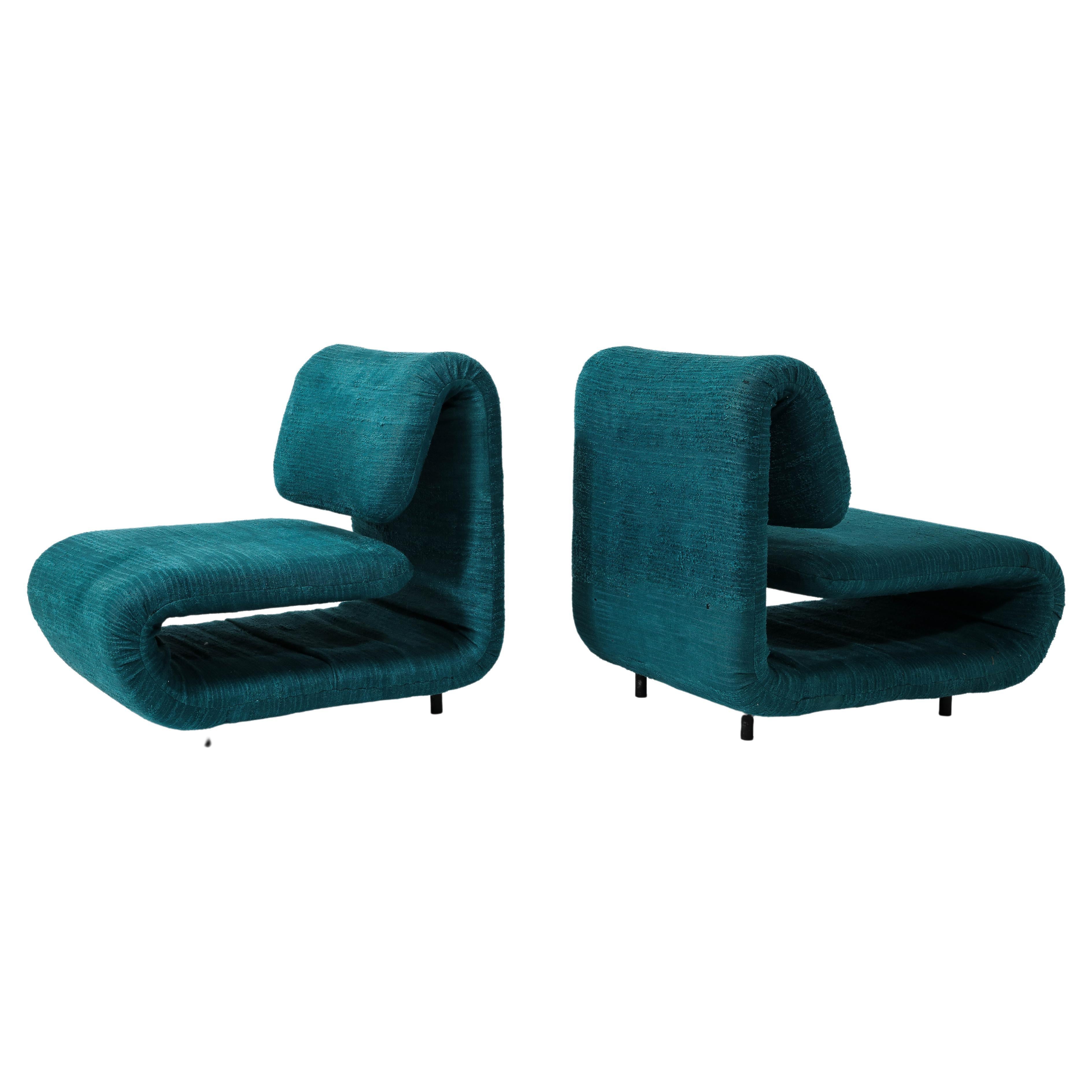 Etienne-Henri Martin Pair of 1500 Slipper Lounge Chairs in Teal, France 1960's For Sale