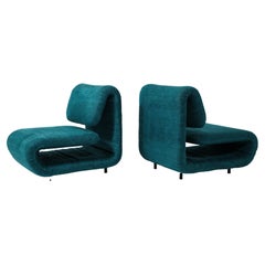 Etienne-Henri Martin Pair of 1500 Slipper Lounge Chairs in Teal, France 1960's