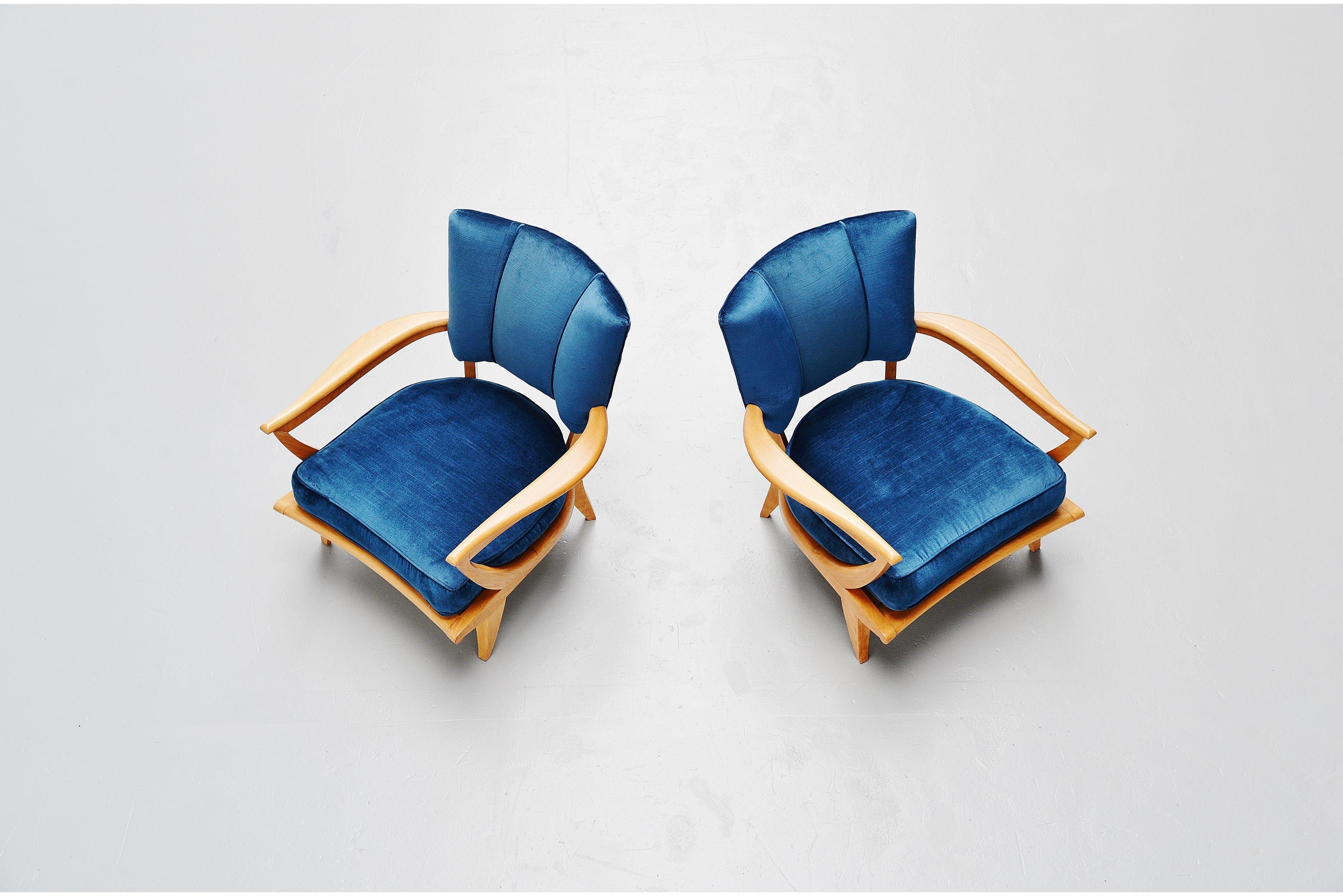 Mid-Century Modern Etienne-Henri Martin SK40 Lounge Chairs Steiner 1952 Blue For Sale