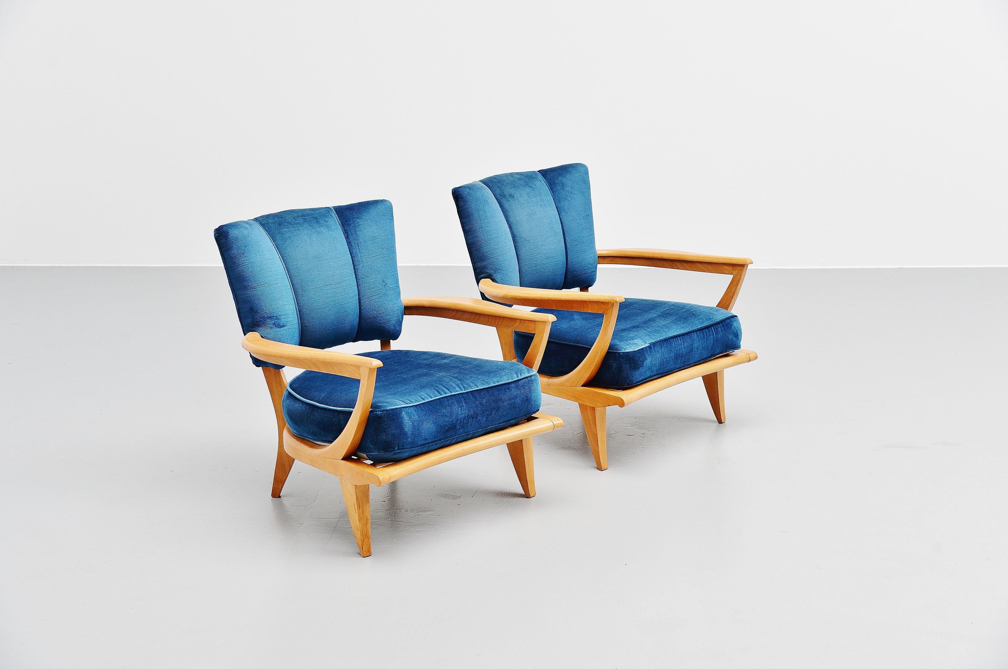 French Etienne-Henri Martin SK40 Lounge Chairs Steiner 1952 Blue For Sale