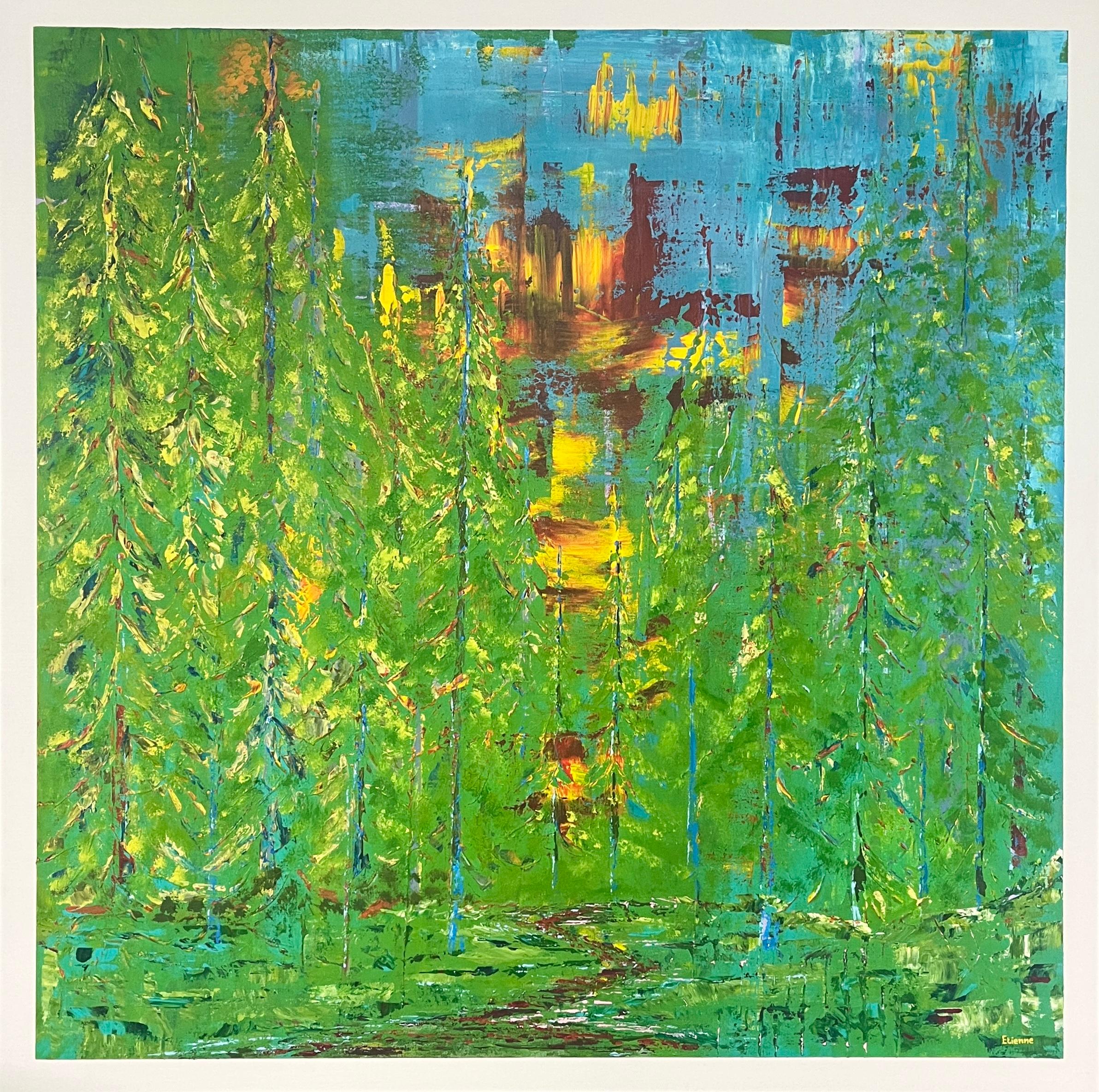 Grande peinture acrylique abstraite bleue et verte originale sur toile "Forest".