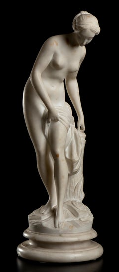 Figurative Nude White Alabaster Sculpture of Venus at Bath After Falconet 19th