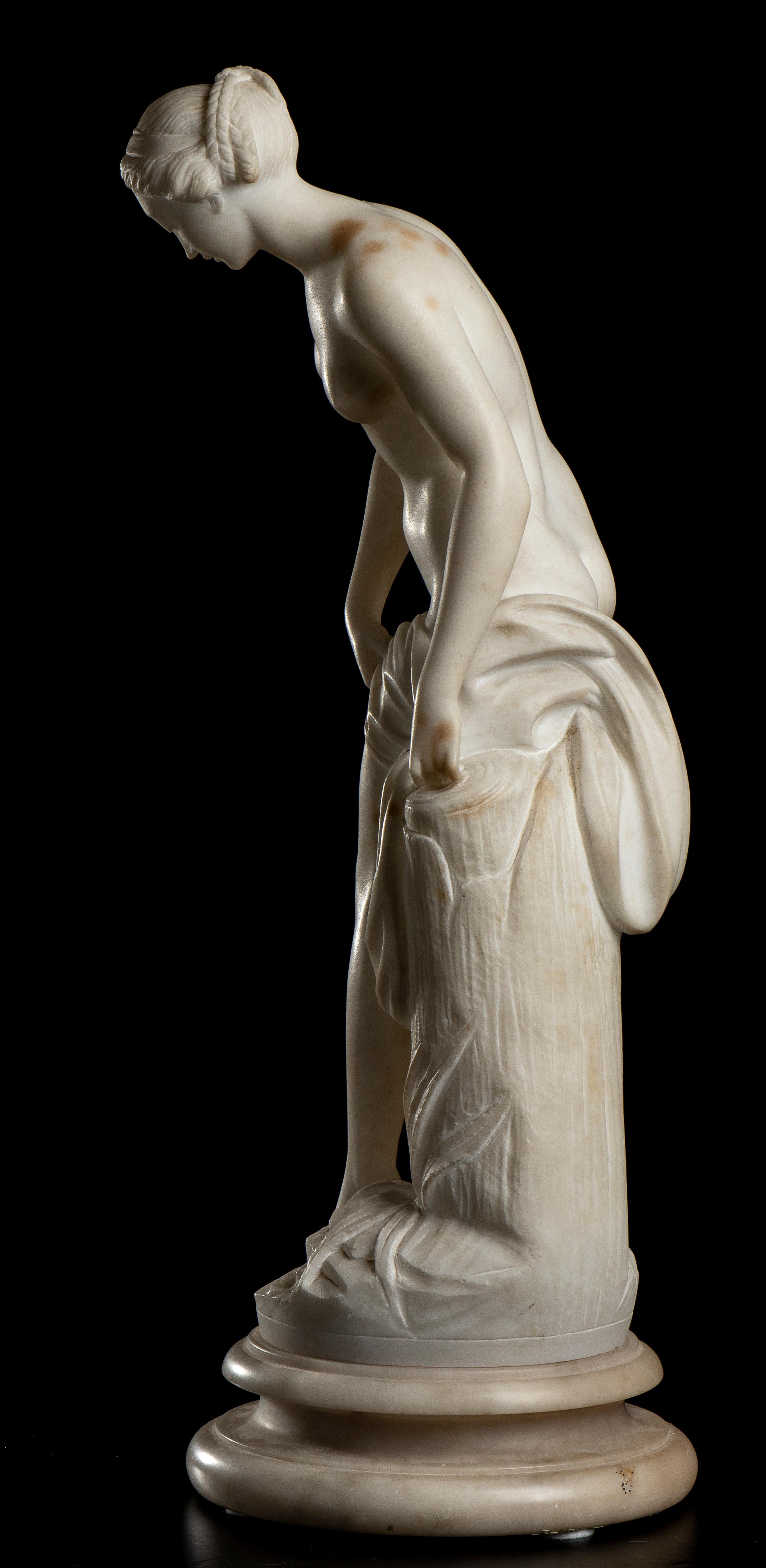 Figurative Nude White Alabaster Sculpture of Venus at Bath After Falconet 19th  2