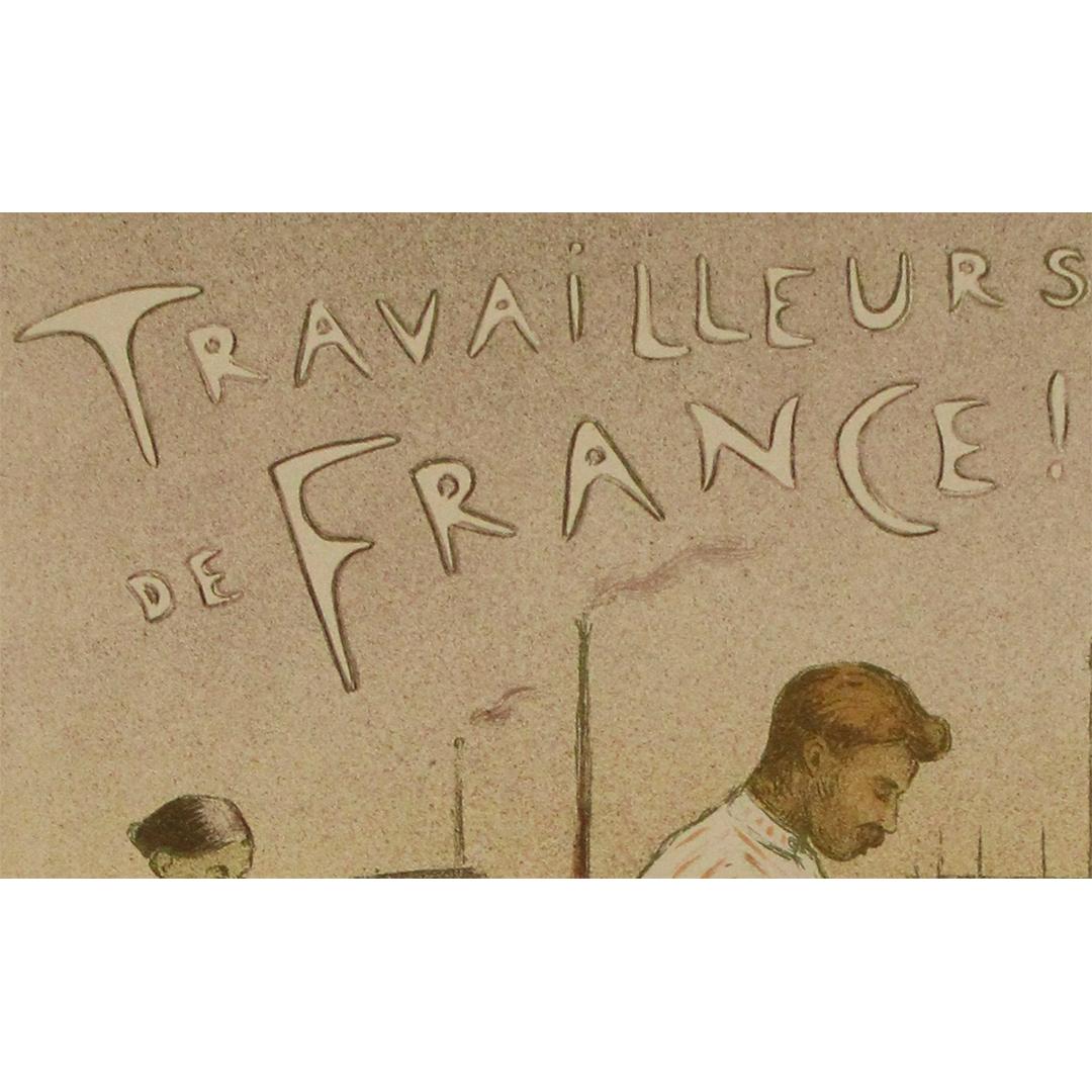 This original lithograph by Étienne Moreau-Nélaton was published in 1898 as Plate 198 in the renowned Les Maîtres de l’Affiche series. Titled Travailleurs de France, Apportez tous votre pierre à Notre-Dame du Travail, it was created to rally French