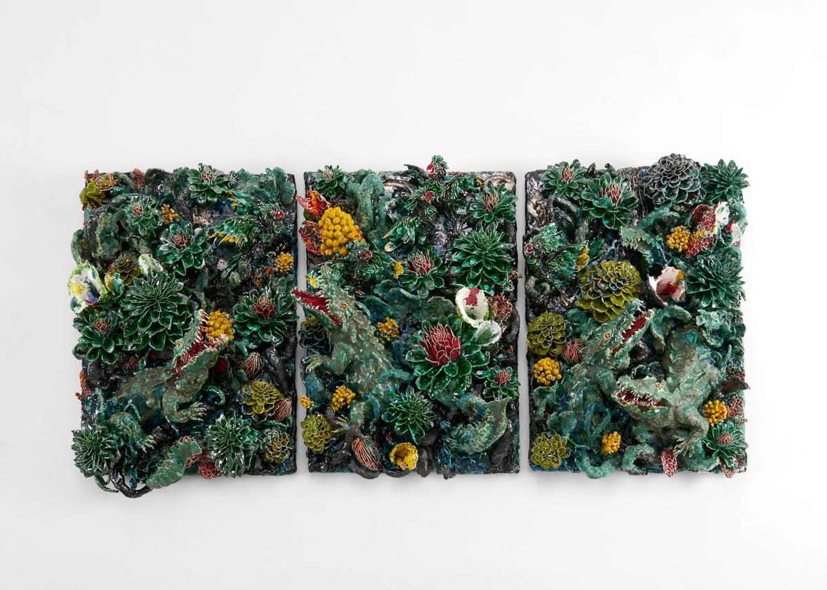 Étienne Pottier is drawn to the surprising, unpredictable character of ceramics, and his works are, perhaps by consequence, fantastical. The universe he creates is one of legends and contemporary myth, in which symbols, as well as their