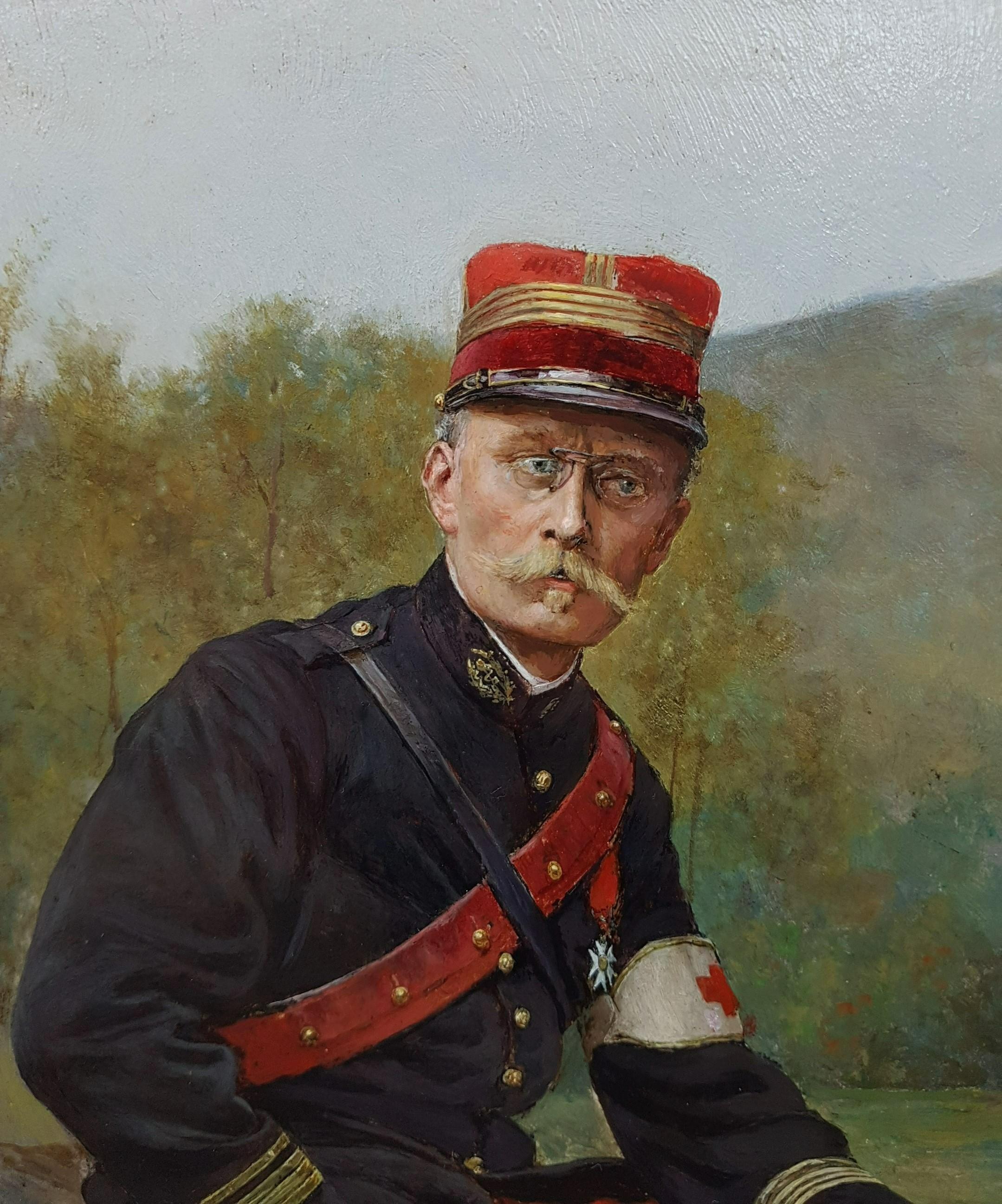 Painting Salon BERNE-BELLECOUR Portrait Military oil wood 20th medical officer For Sale 1