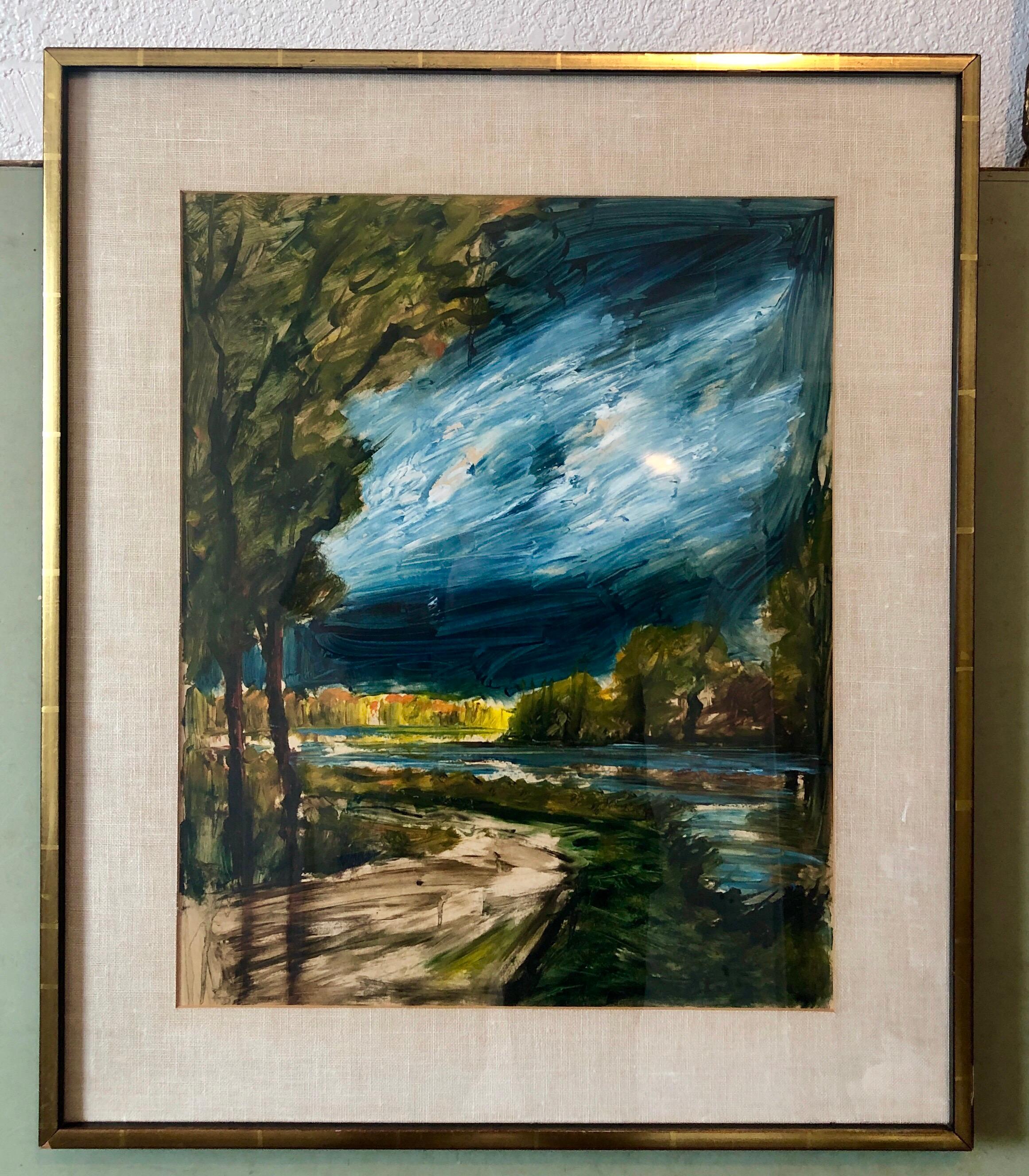 Mid Century Modernist French Painting Landscape With Forest, River, Path - Black Landscape Art by Roger Etienne