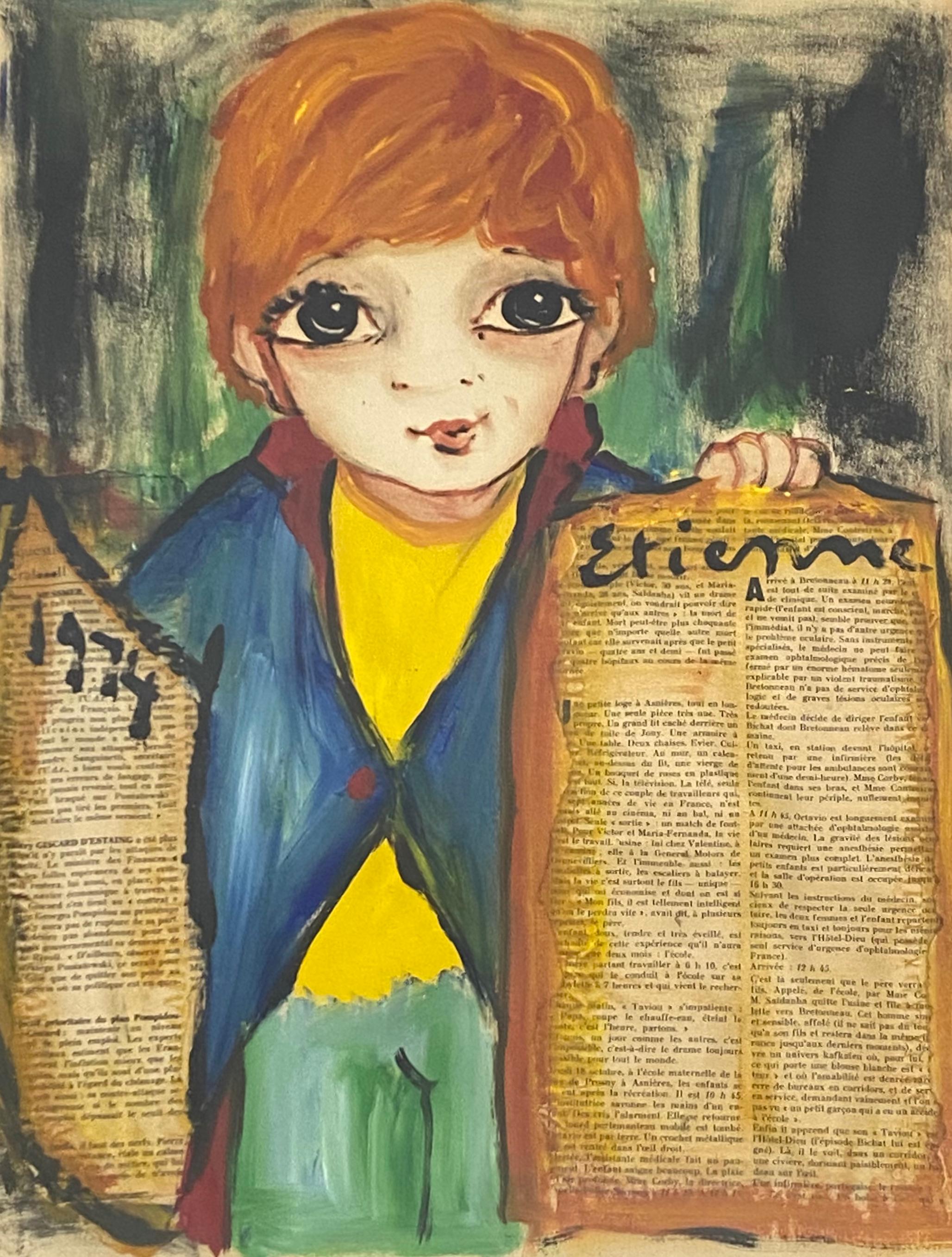 Mixed Media-Porträt eines Zeitungsboys von Etienne Ret, ca. 1974 im Angebot 1
