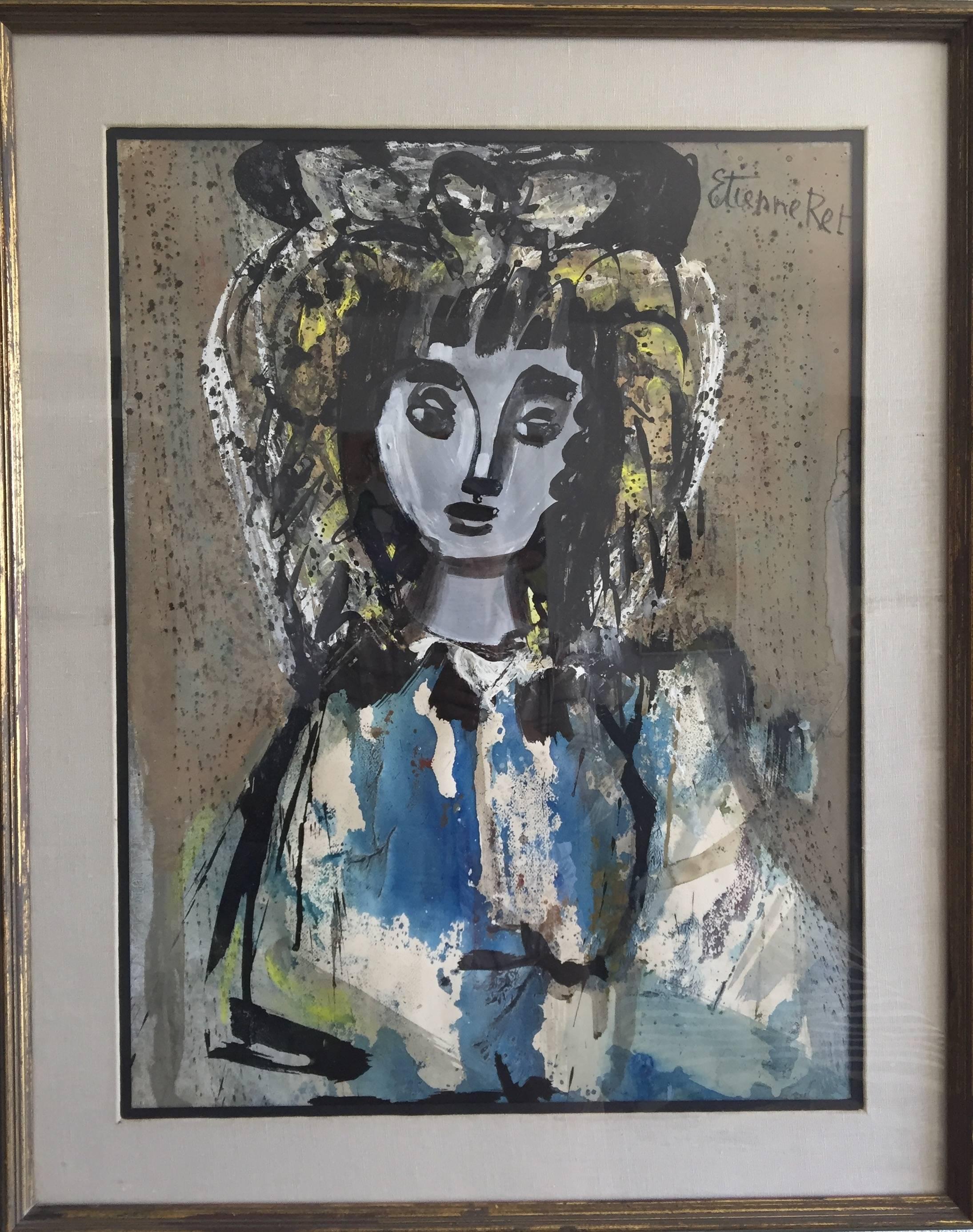 La Belle Fille - Grand portrait français du milieu du siècle - Peinture d'une belle fille - Painting de Etienne Ret