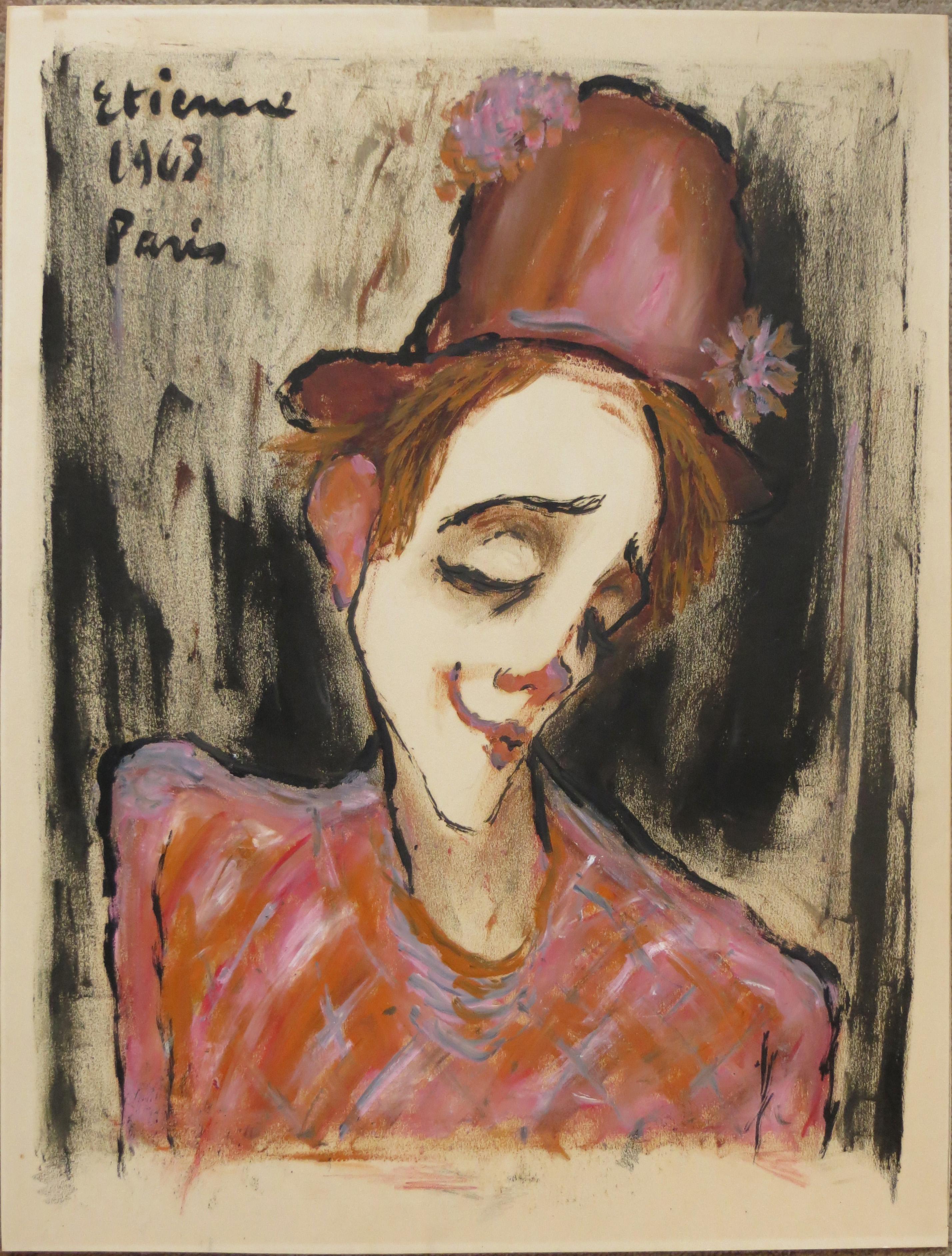 Portrait of a Clown - Brown Portrait Painting by Roger Etienne