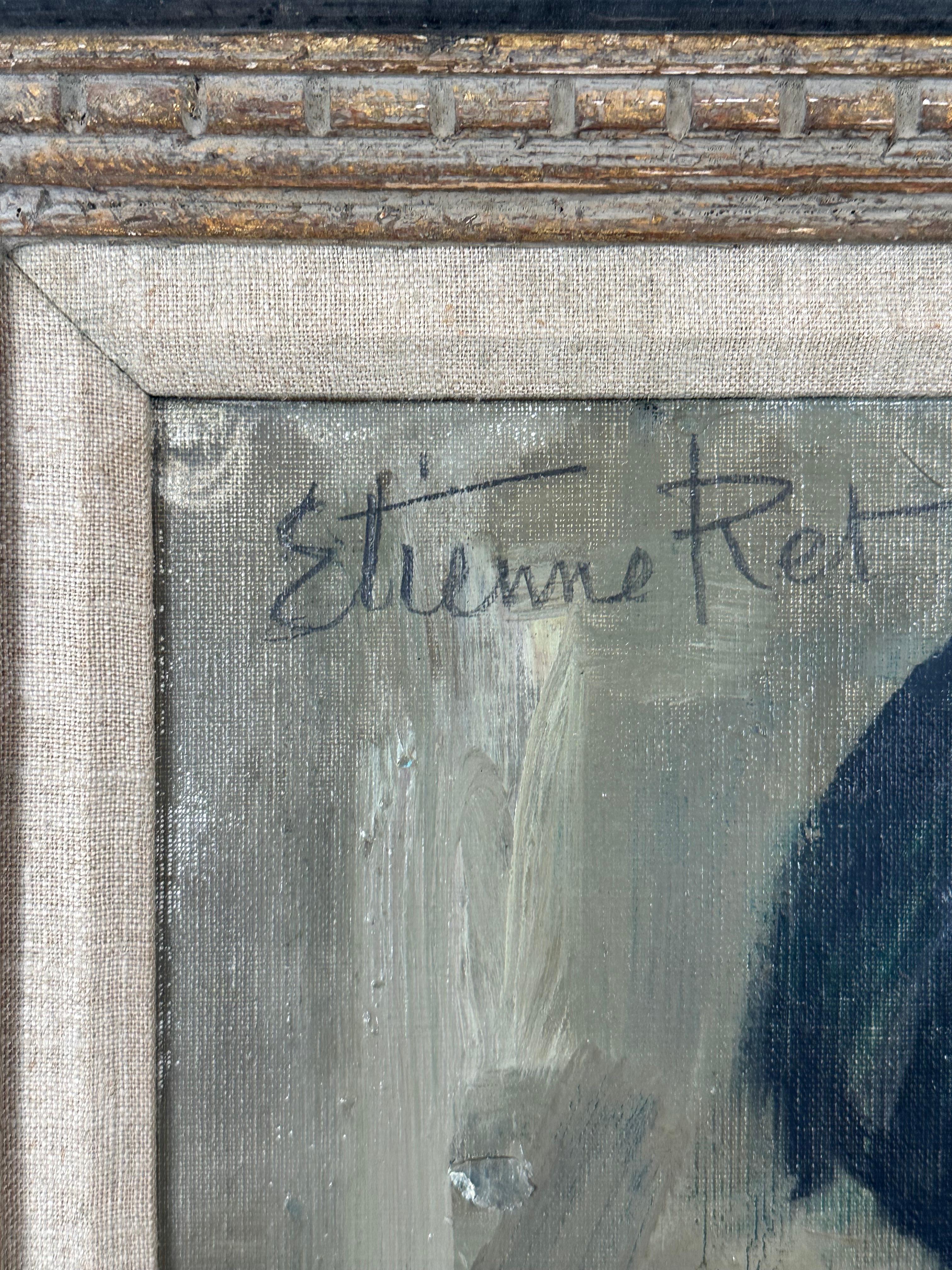 Etienne Ret (1900-1996). Ritratto di una giovane donna, 1965 circa. Olio su pannello di 12,5 x 17,5 pollici; 20 x 25 pollici incorniciato. Firmato in alto a sinistra. Condizioni eccellenti. Cornice intagliata su misura con accenni di foglia d'oro.