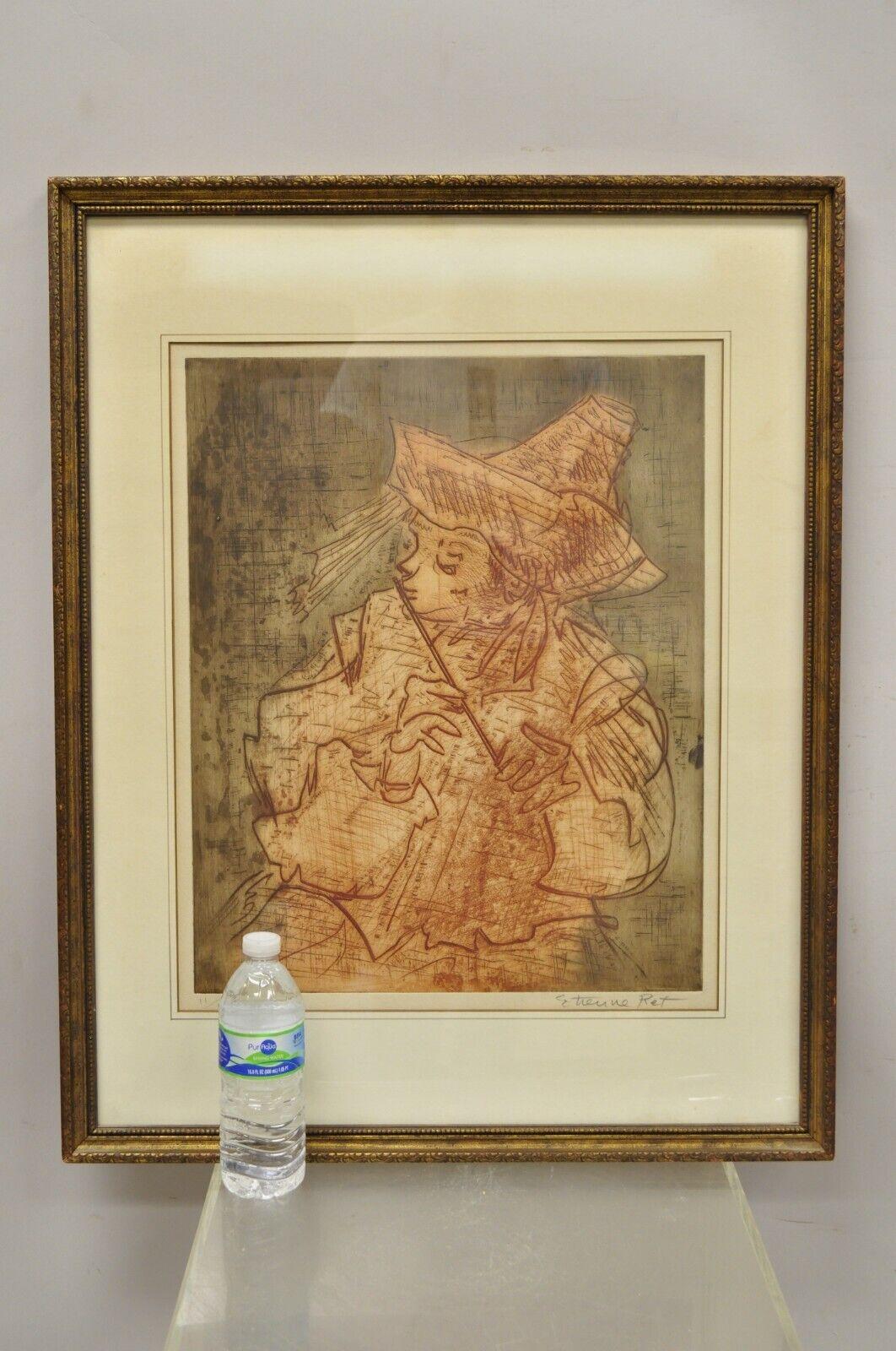 Etienne ret signed and numbered color etching fine art print musician with Piccolo Flute. Item listed is signed to bottom right corner, Etienne Ret (French, 1900-1996), Numbered 11/100, J. Richards Gallery, custom framed. Circa mid-20th century.