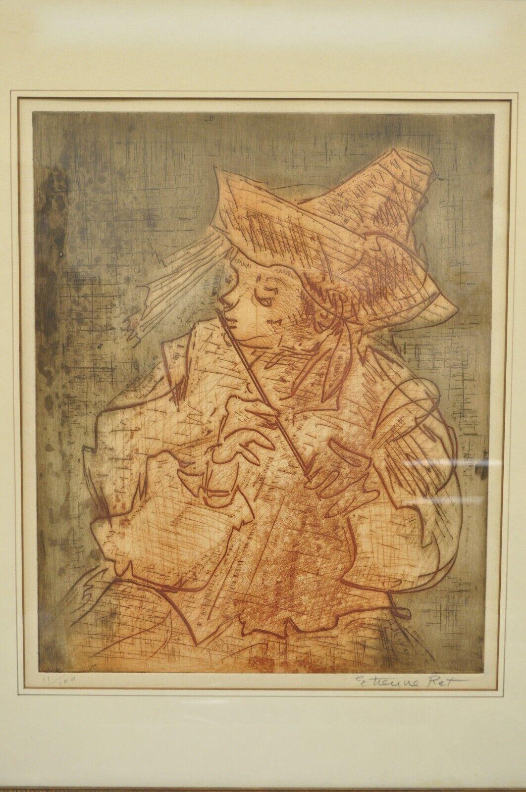 Etienne Ret Signed Color Etching Fine Art Print Musician with Piccolo Flute In Good Condition For Sale In Philadelphia, PA