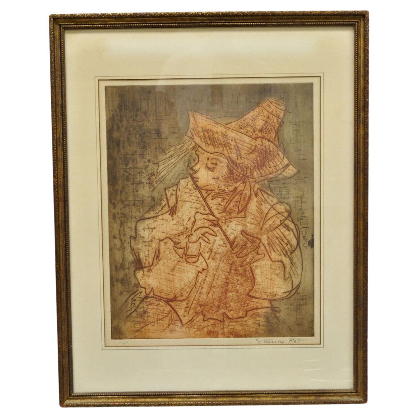 Etienne Ret Signed Color Etching Fine Art Print Musician with Piccolo Flute For Sale