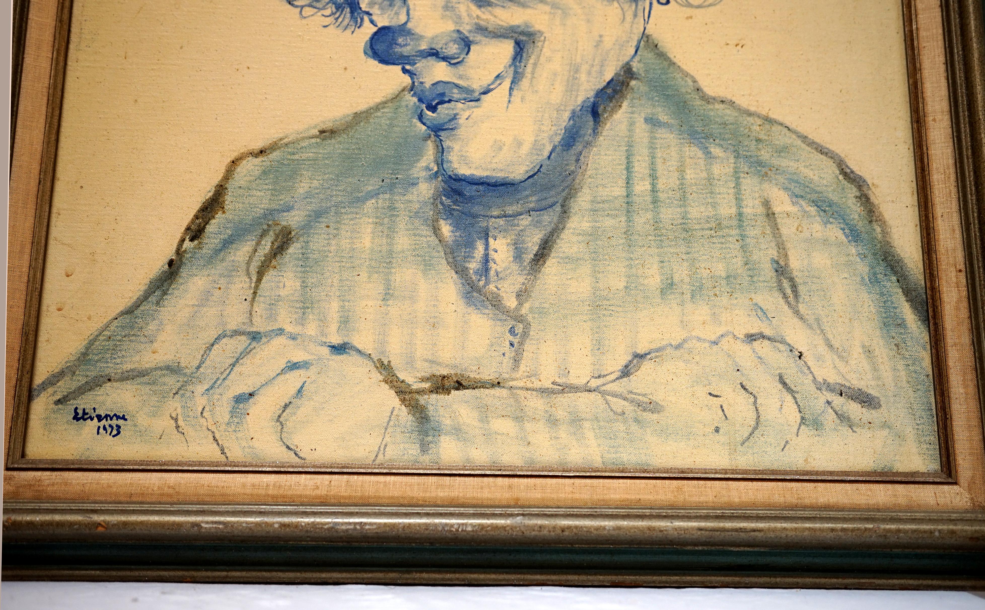 Etienne Roger Vintage Blau Ölgemälde von Joker Gesicht, Clown (amerikanisch) im Angebot