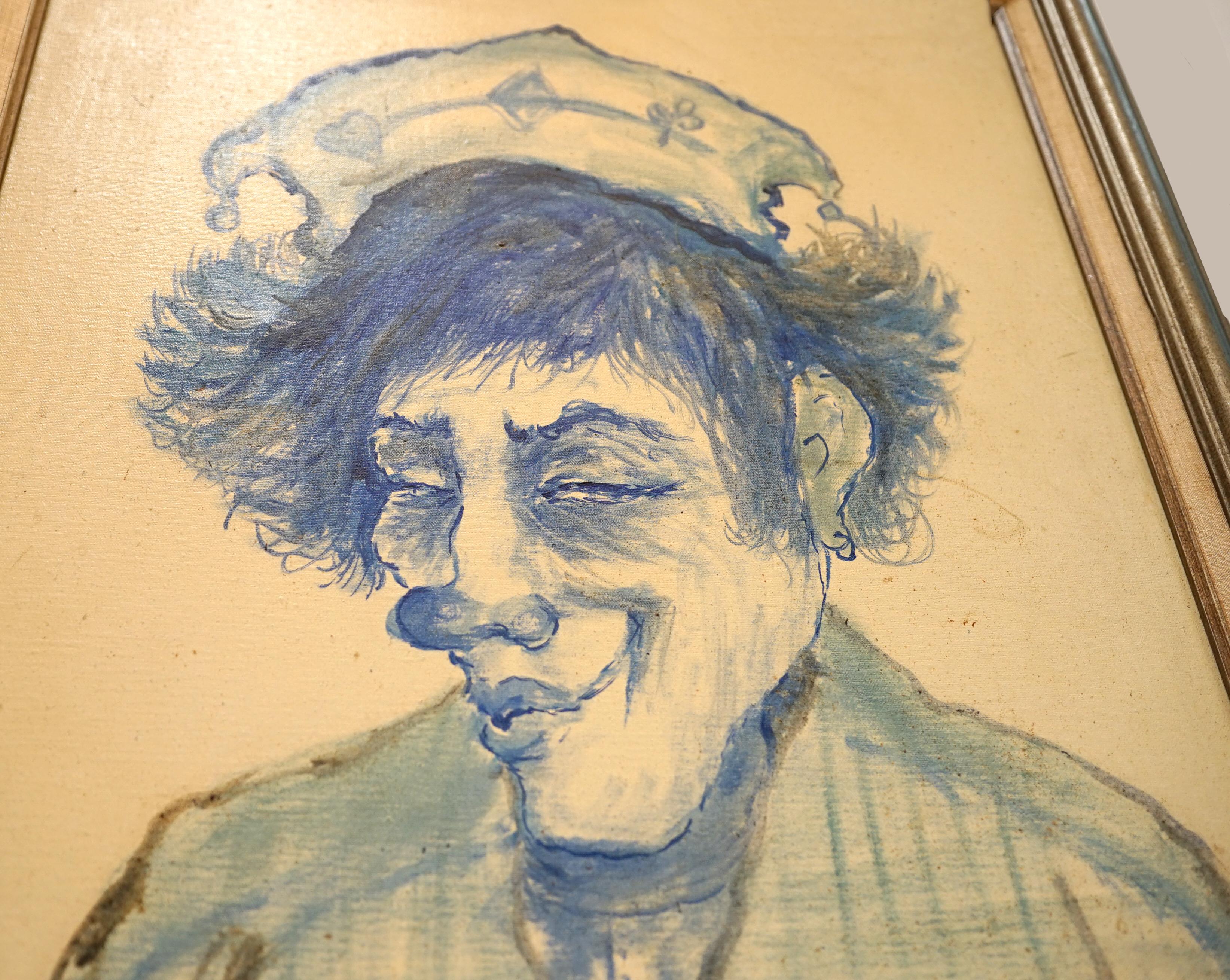 Etienne Roger Vintage Blau Ölgemälde von Joker Gesicht, Clown (Handbemalt) im Angebot