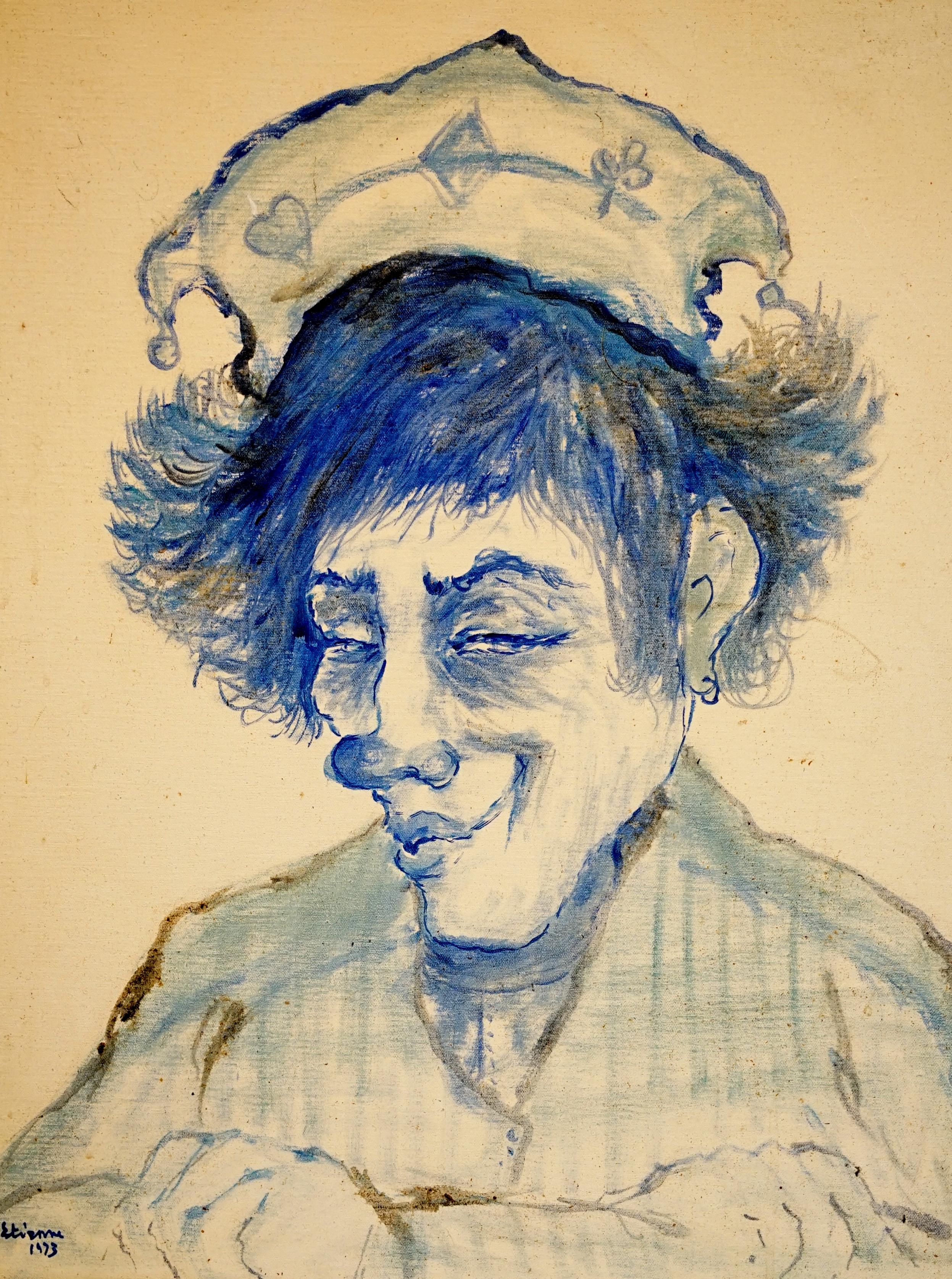 Etienne Roger Vintage Blau Ölgemälde von Joker Gesicht, Clown im Zustand „Gut“ im Angebot in Lomita, CA
