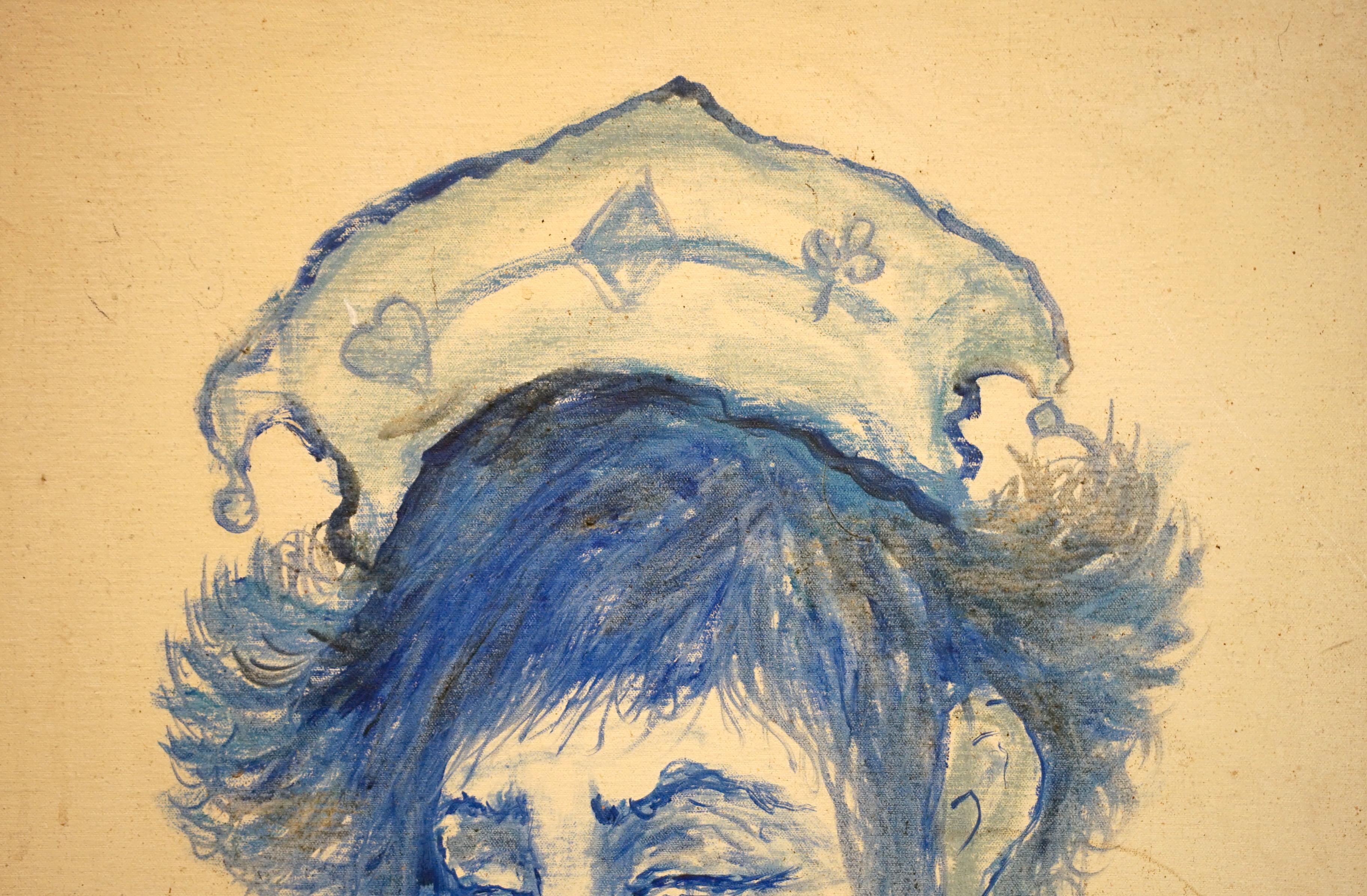 Etienne Roger Vintage Blau Ölgemälde von Joker Gesicht, Clown (20. Jahrhundert) im Angebot