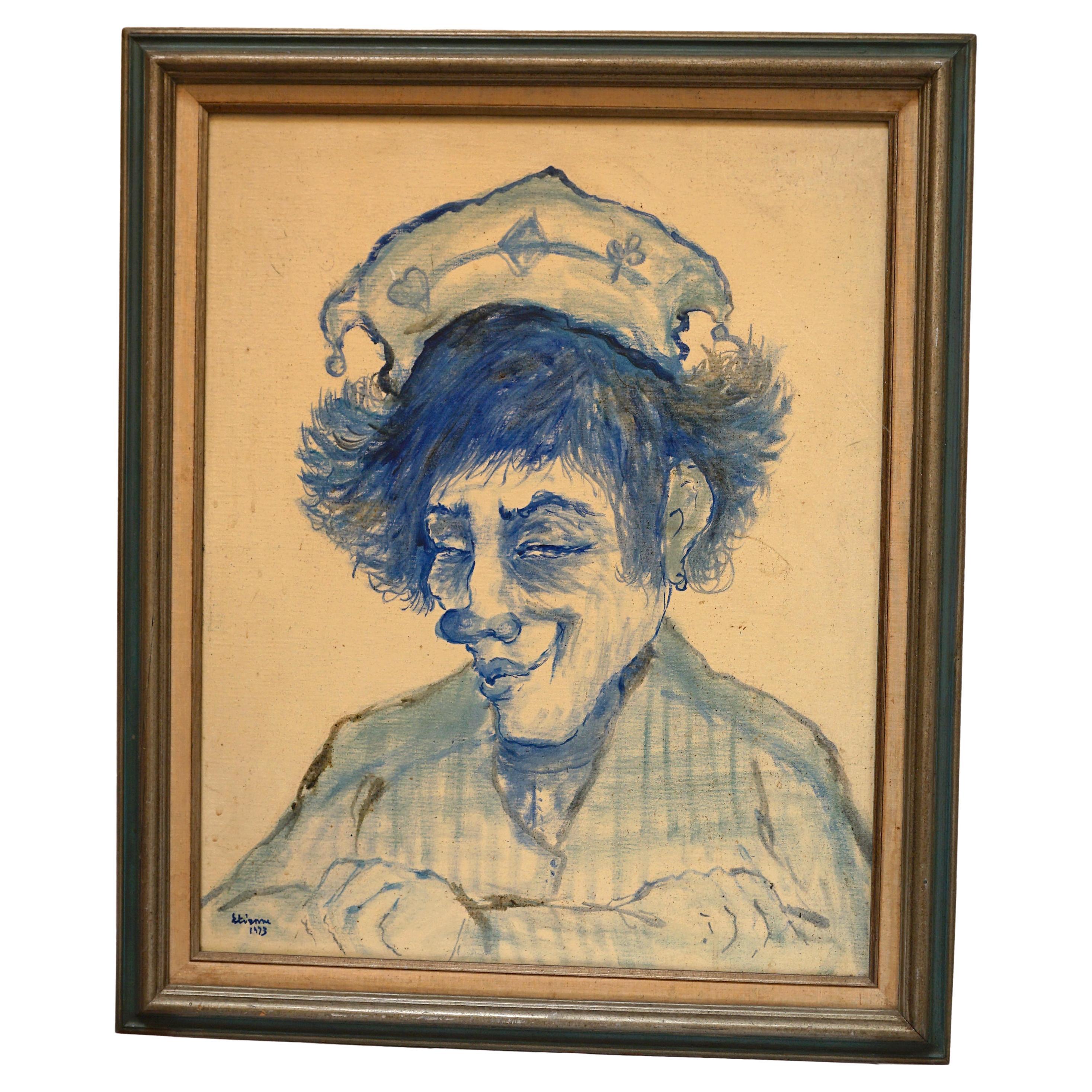 Etienne Roger Vintage Blau Ölgemälde von Joker Gesicht, Clown im Angebot