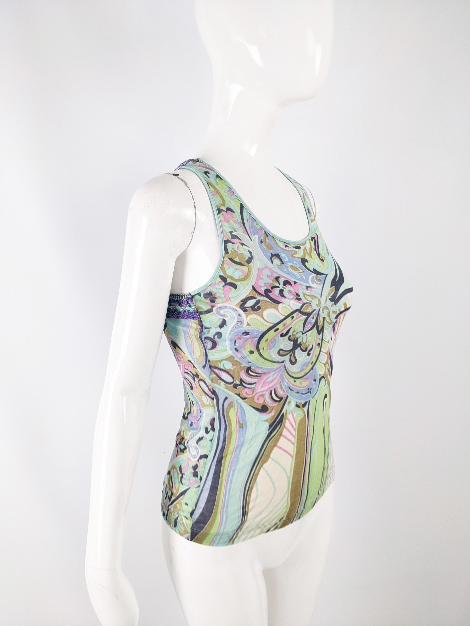 Gray Etincelle Couture Vintage Silk Jersey Psychedelic Print Racer Back Tank Top  For Sale