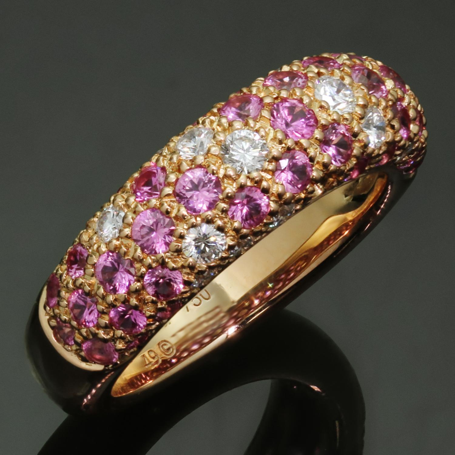 Dieser wunderschöne, authentische Ring der Collection Étincelle de CARTIER ist aus 18 Karat Roségold gefertigt und mit runden Diamanten im Brillantschliff und runden, facettierten rosa Saphiren besetzt. Hergestellt in Frankreich in den 2000er