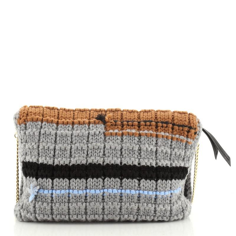 Brown Etiquette Chain Flap Bag Cable Knit Wool Medium