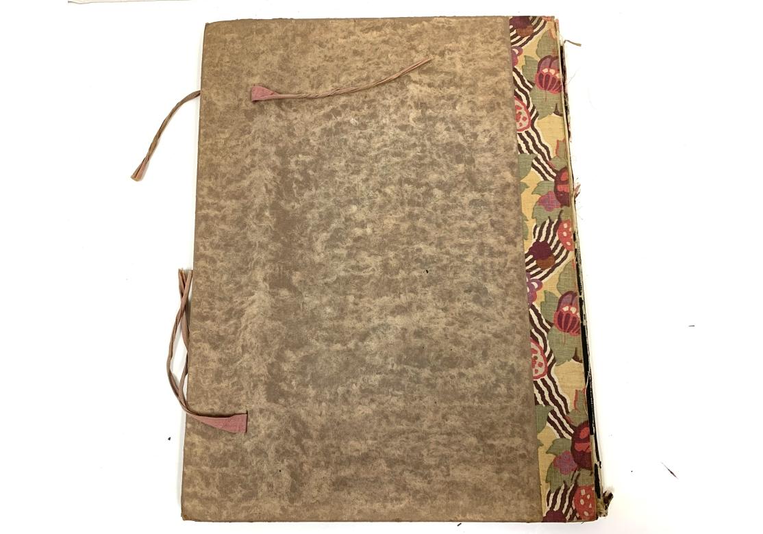 Loose leaf folio, patterned boards with fabric spine, fabric ties. Thirty eight colour plates (missing 6) on dark grey stock paper depicting wallpaper and fabric designs from Japan reproducing Japanese silk fabrics from the collections of the Museum