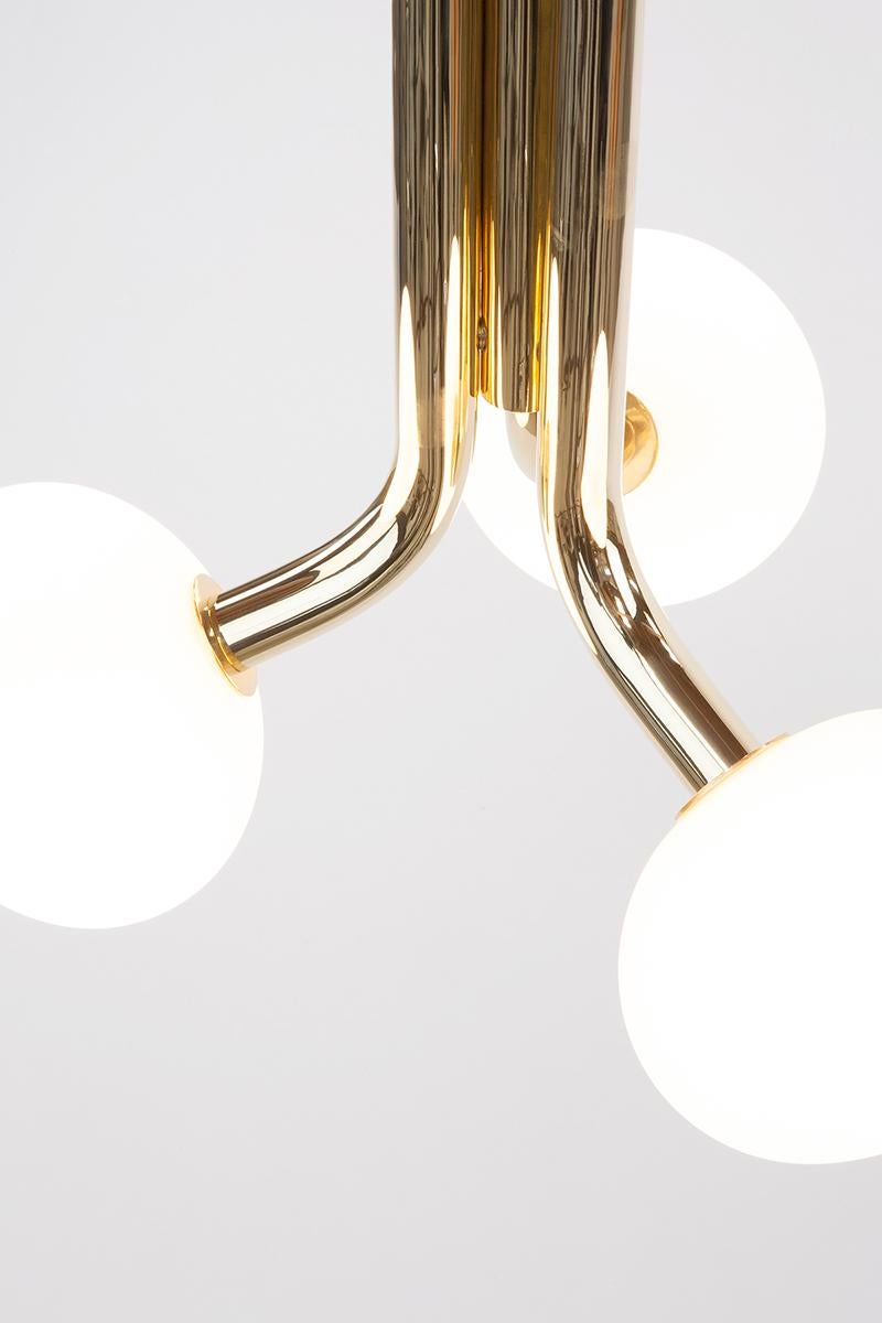 Contemporary Etoile Pendant, Nine Stem Polished Brass and Hand Blown Sandblasted Glass Globes For Sale
