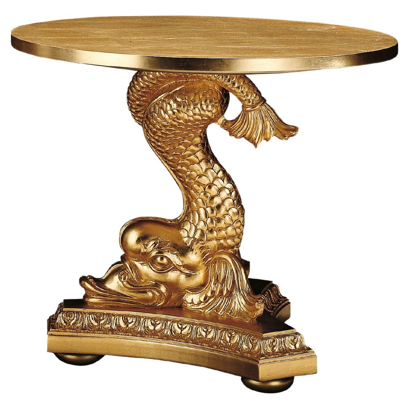 ETOILE Table d'appoint ronde en bois sculpté à la main avec poisson et patine dorée en vente