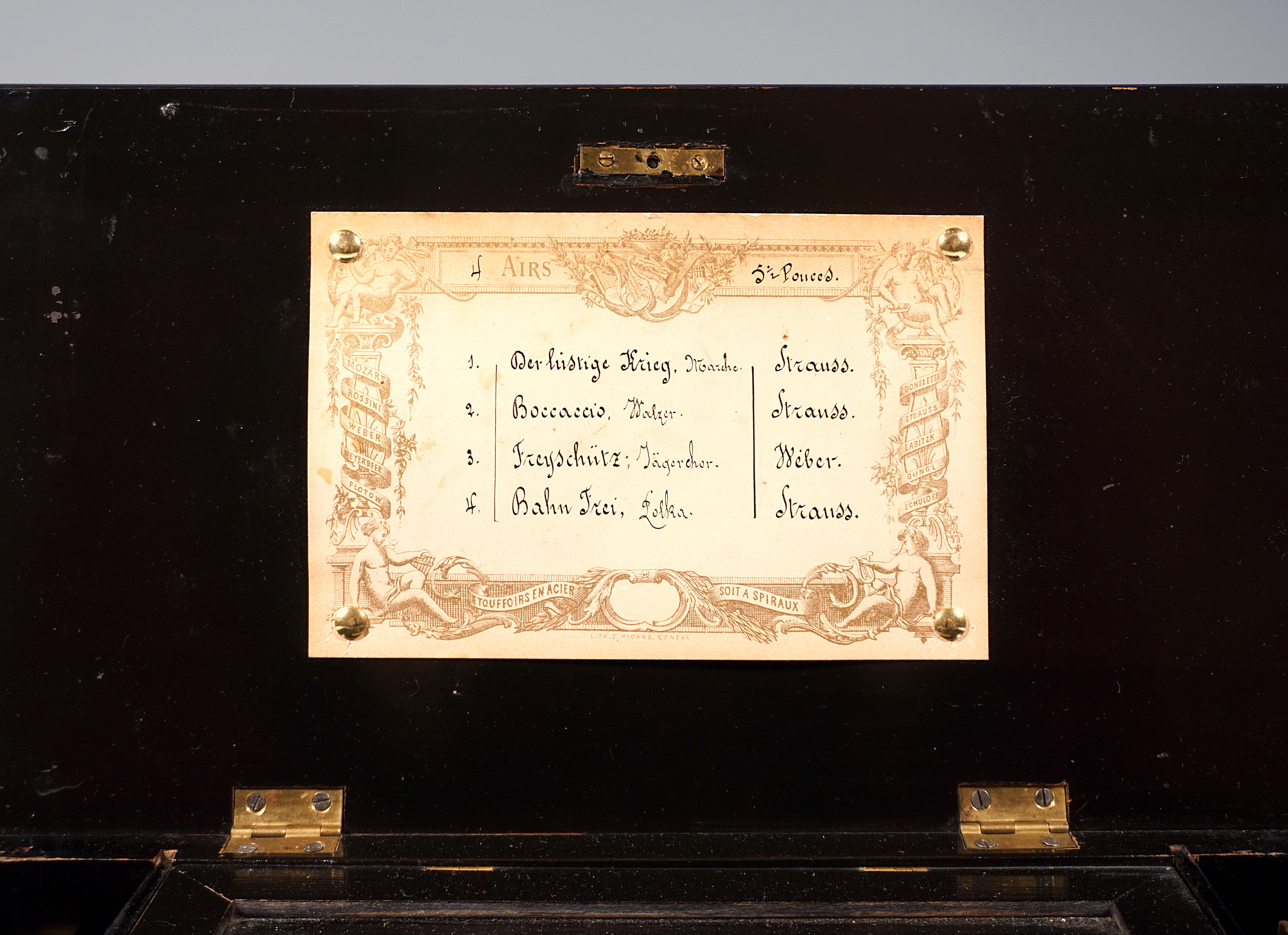 Wood Etouffoirs En Acier Antique Cylinder Music Box 4 Melodies Geneva Swiss Ca 1900