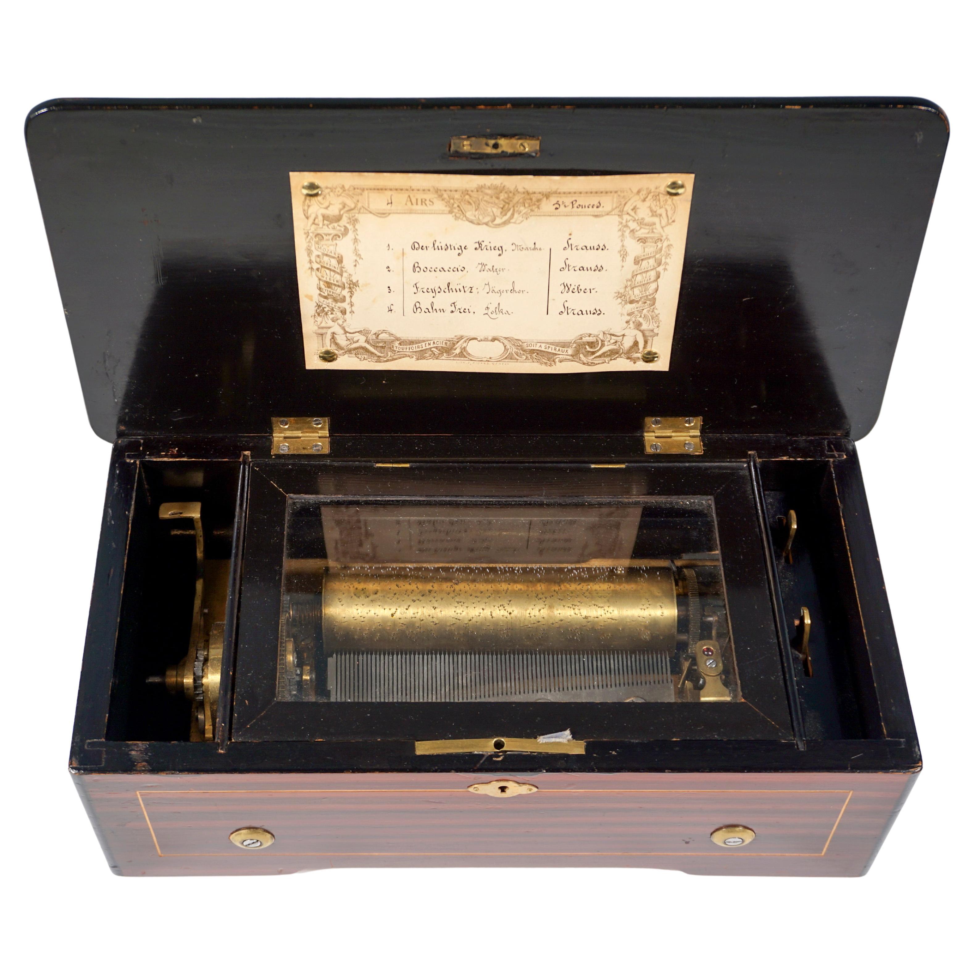 Etouffoirs En Acier Antique Cylinder Music Box 4 Melodies Geneva Swiss Ca 1900