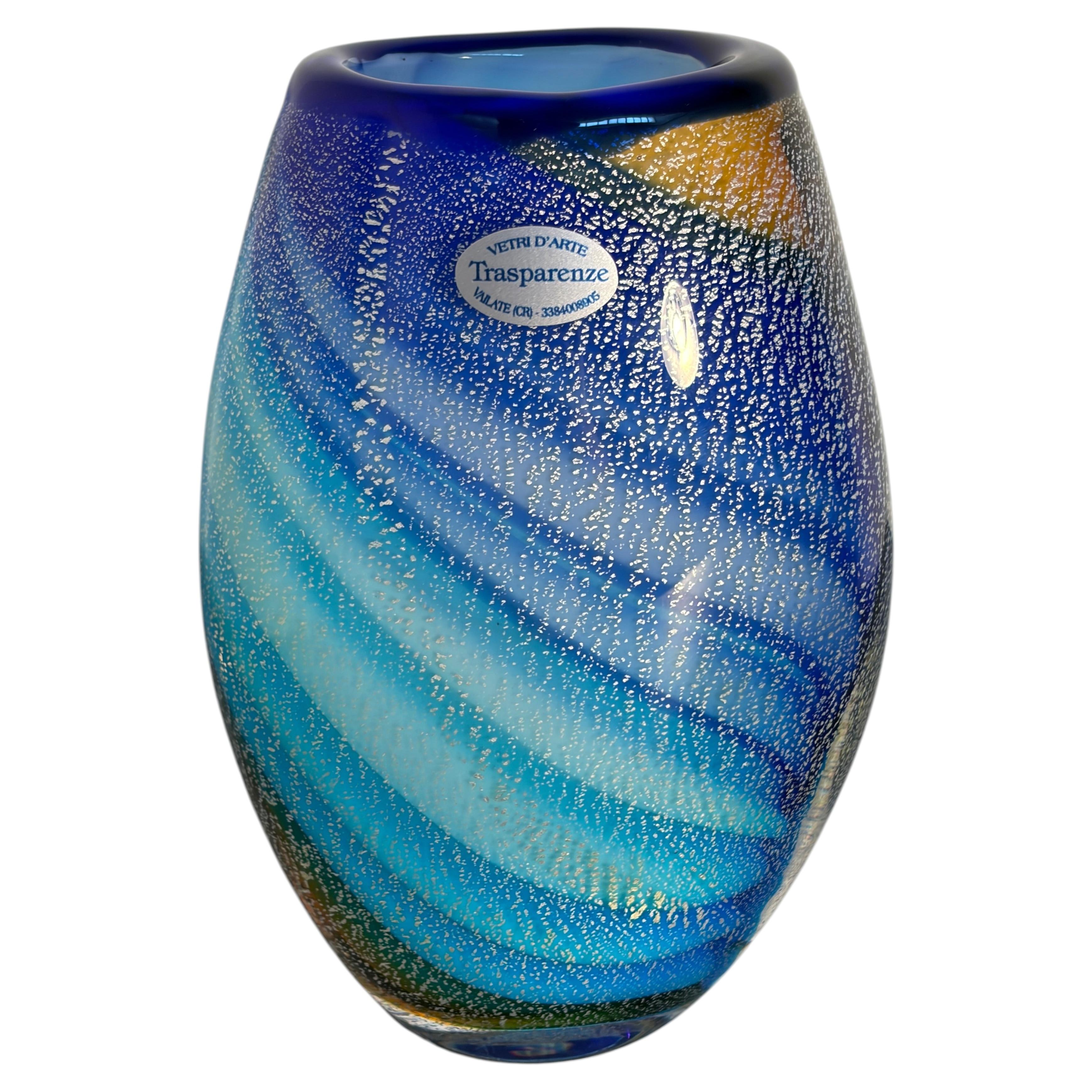 etri d’Arte Trasparenze Blue Italian Art Glass Vase with Silver Decoration