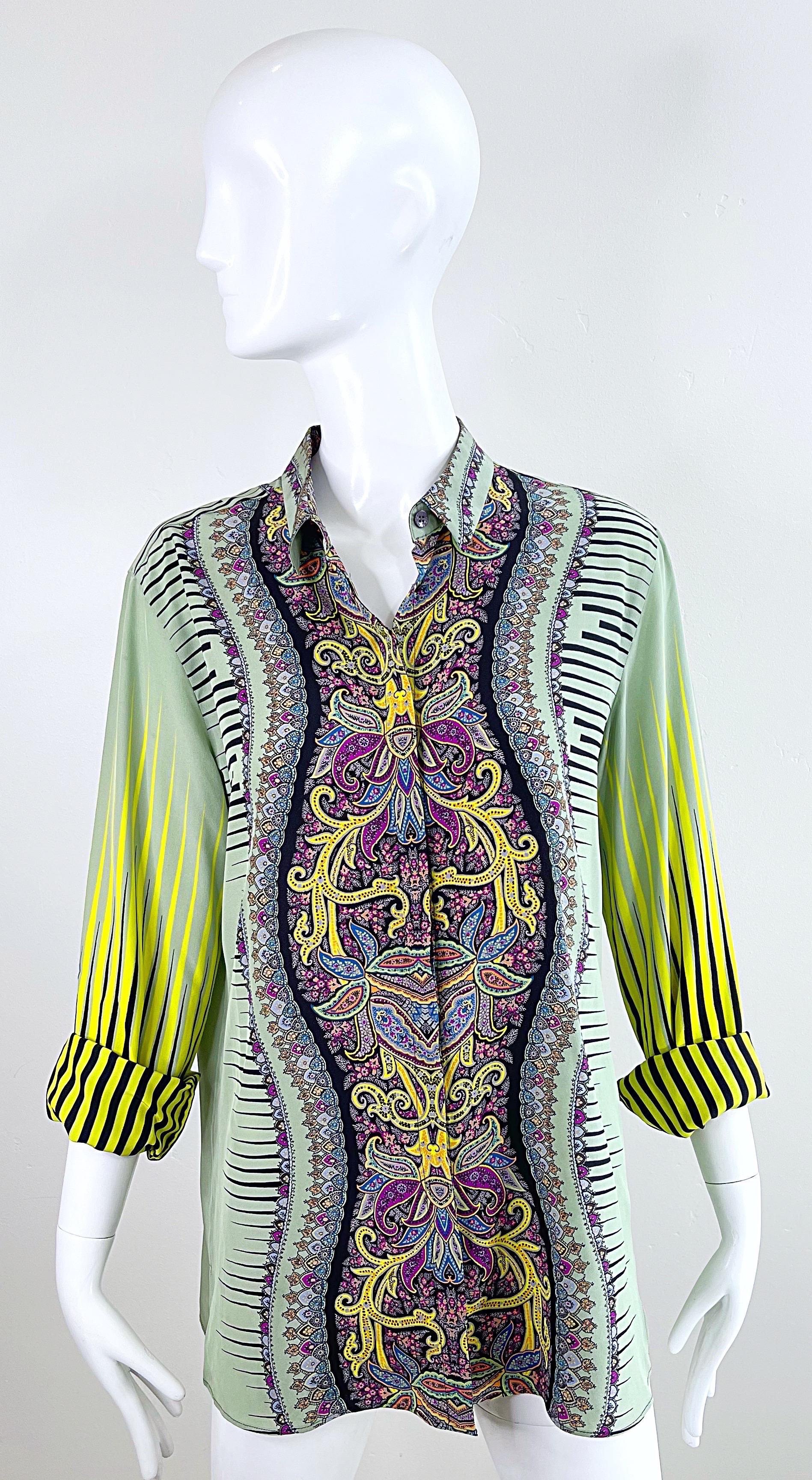 Etro 2000s Women’s Size 46 / US 10 12 Colorful Paisley Striped Y2K Silk Blouse  For Sale 6