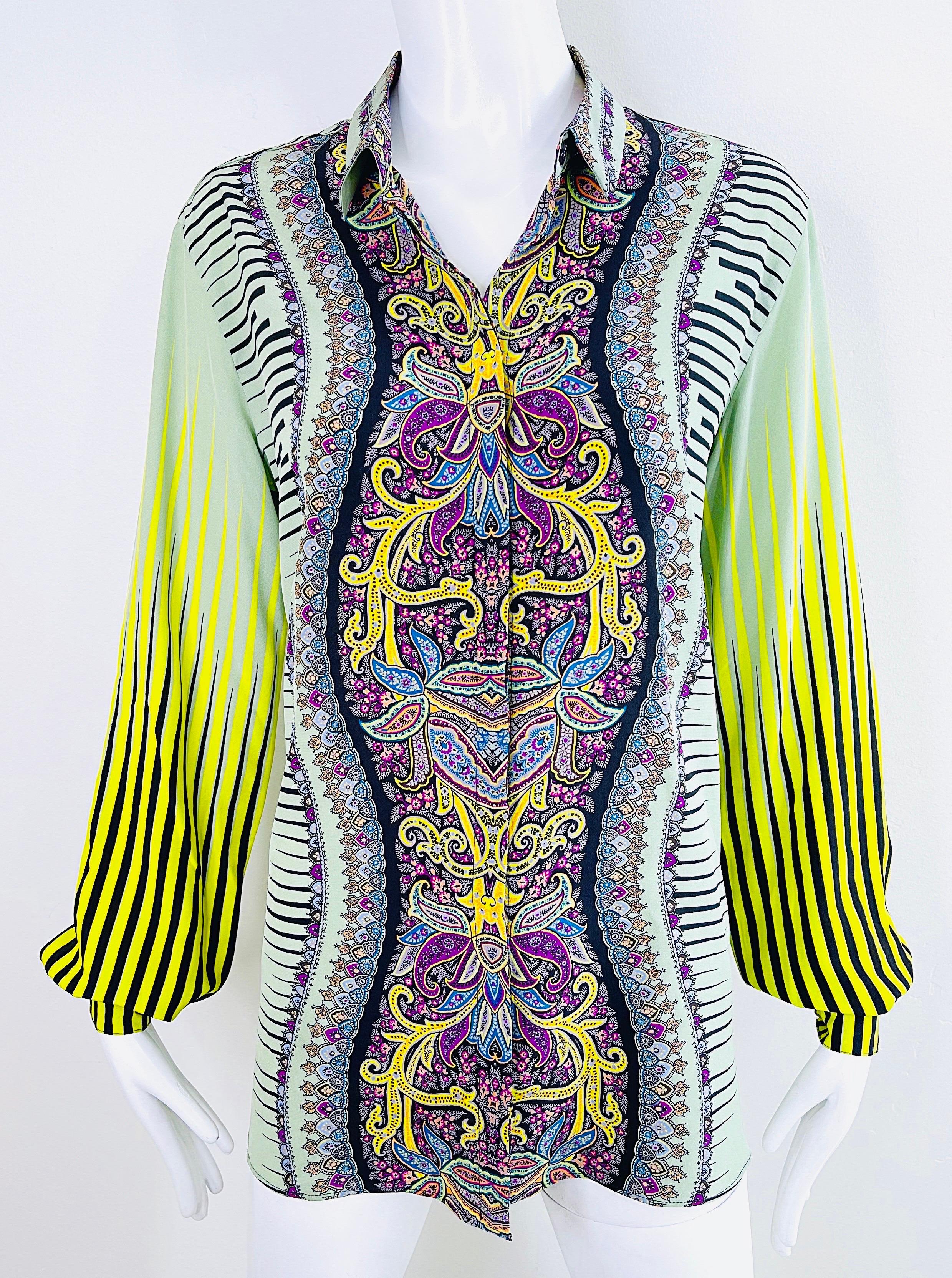 Etro 2000s Femmes Taille 46 / US 10 12 Colorful Paisley Striped Y2K Silk Blouse  en vente 8