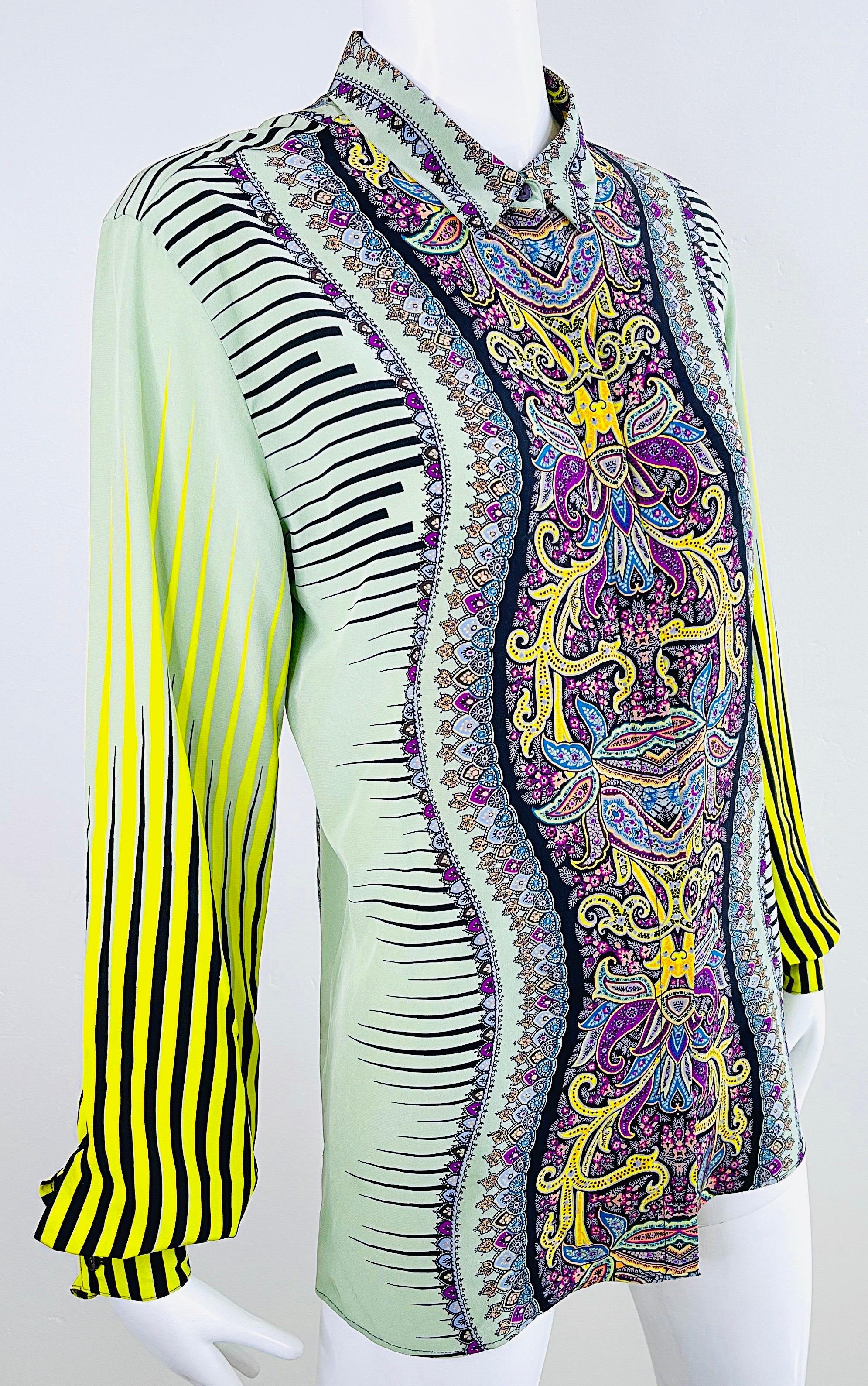 Etro 2000s Femmes Taille 46 / US 10 12 Colorful Paisley Striped Y2K Silk Blouse  en vente 9