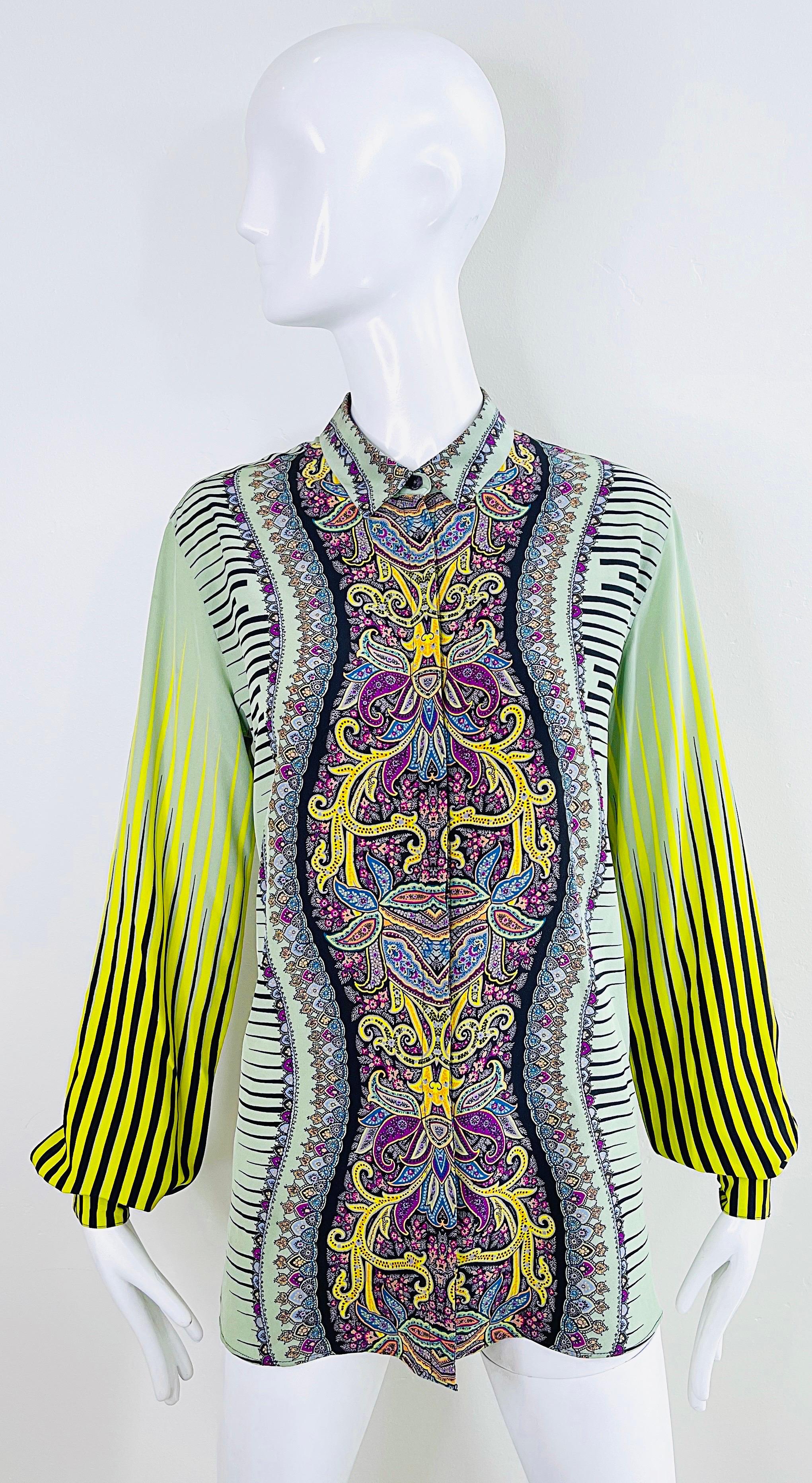 Etro 2000s Women’s Size 46 / US 10 12 Colorful Paisley Striped Y2K Silk Blouse  For Sale 10