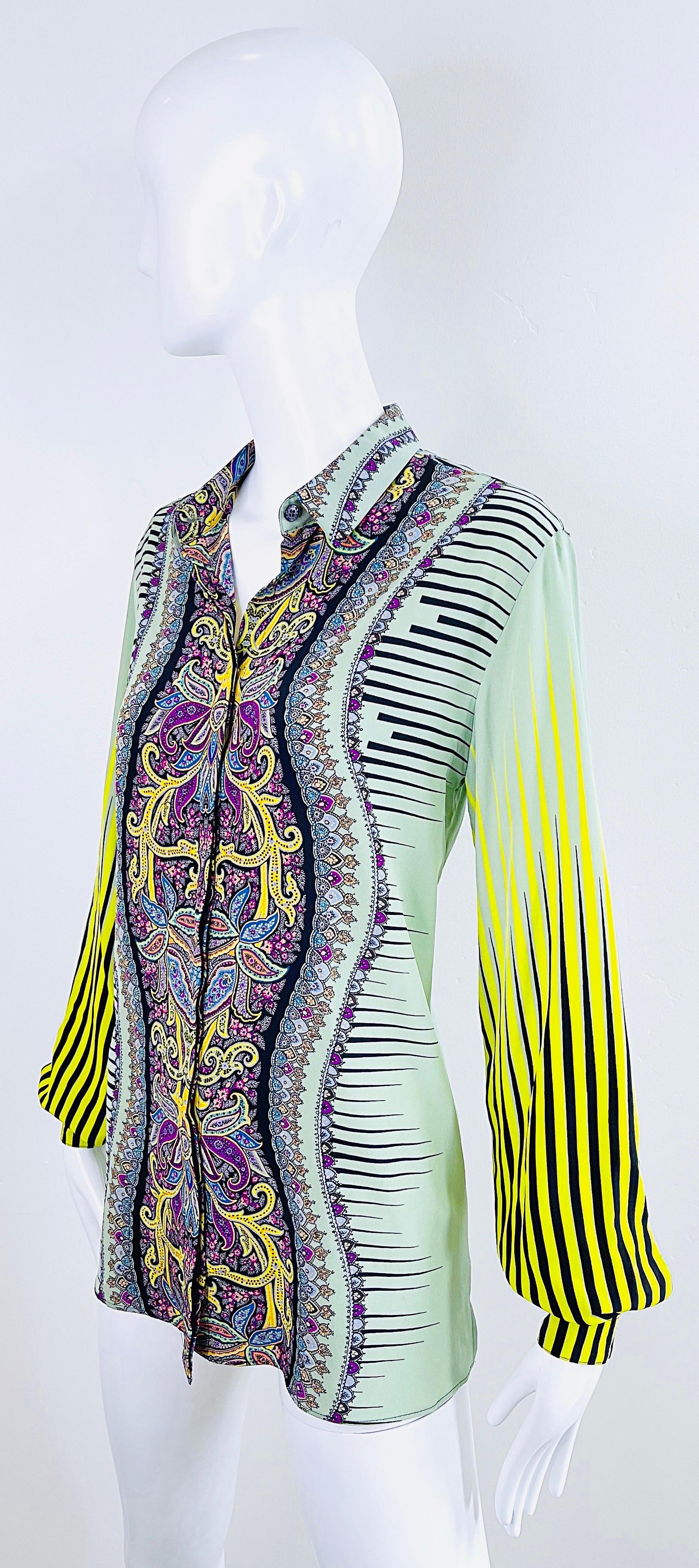 Etro 2000s Femmes Taille 46 / US 10 12 Colorful Paisley Striped Y2K Silk Blouse  en vente 12