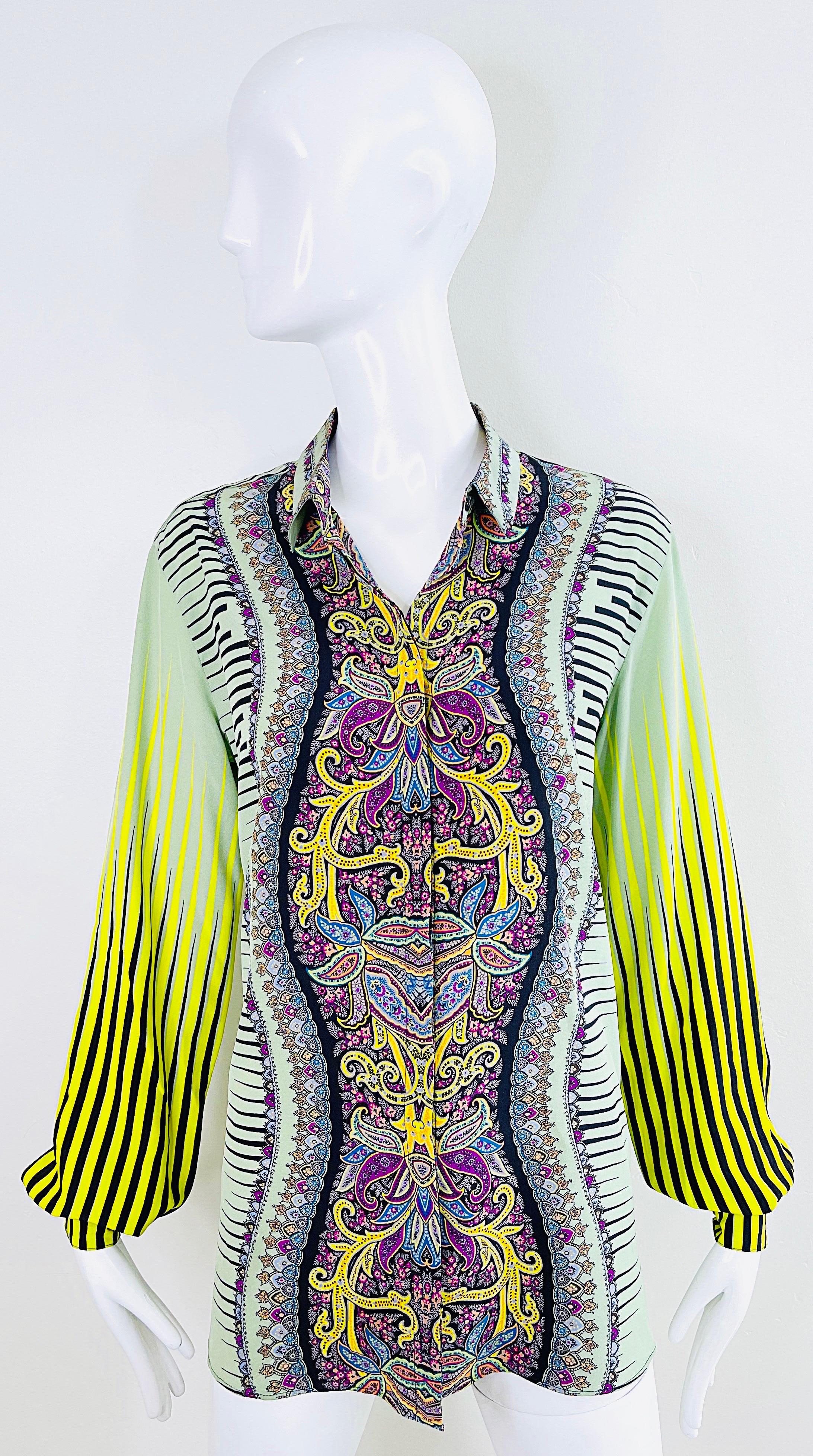 Etro 2000s Women’s Size 46 / US 10 12 Colorful Paisley Striped Y2K Silk Blouse  For Sale 12