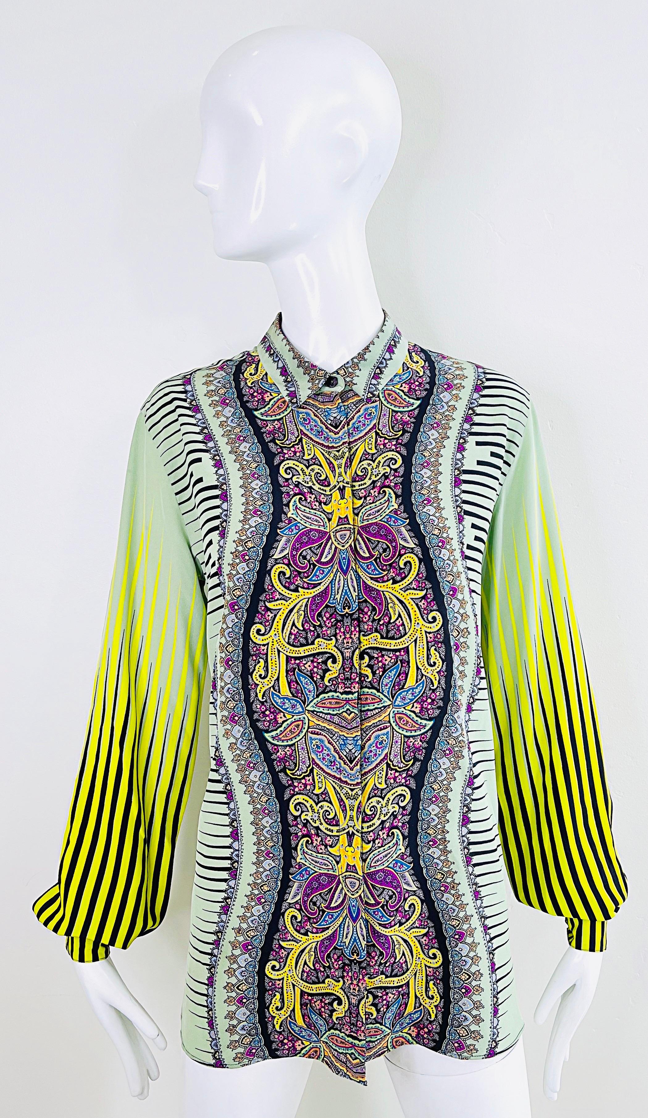 Beige Etro 2000s Femmes Taille 46 / US 10 12 Colorful Paisley Striped Y2K Silk Blouse  en vente