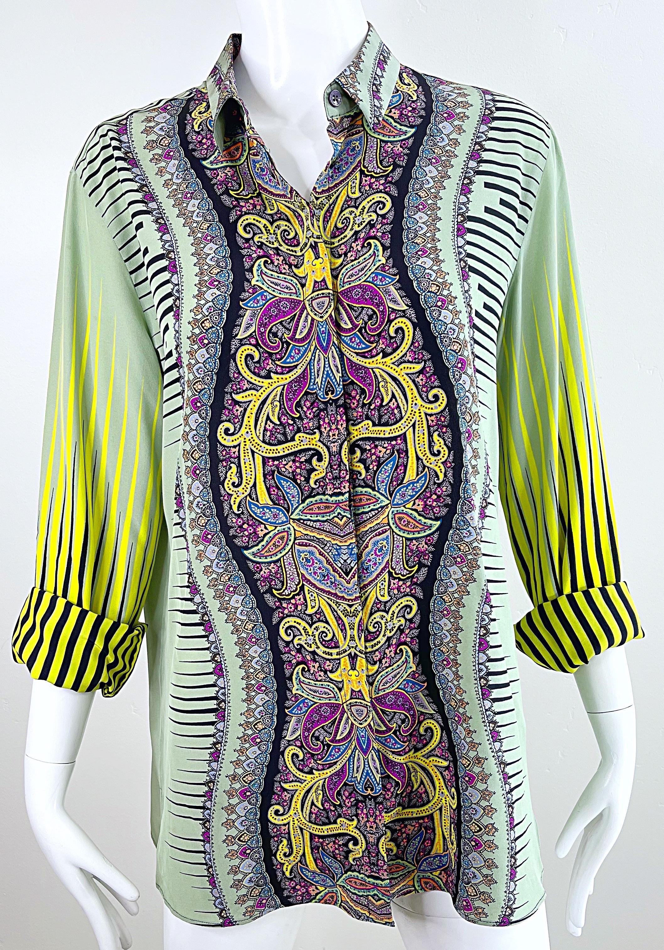 Beige Etro 2000s Women’s Size 46 / US 10 12 Colorful Paisley Striped Y2K Silk Blouse  For Sale