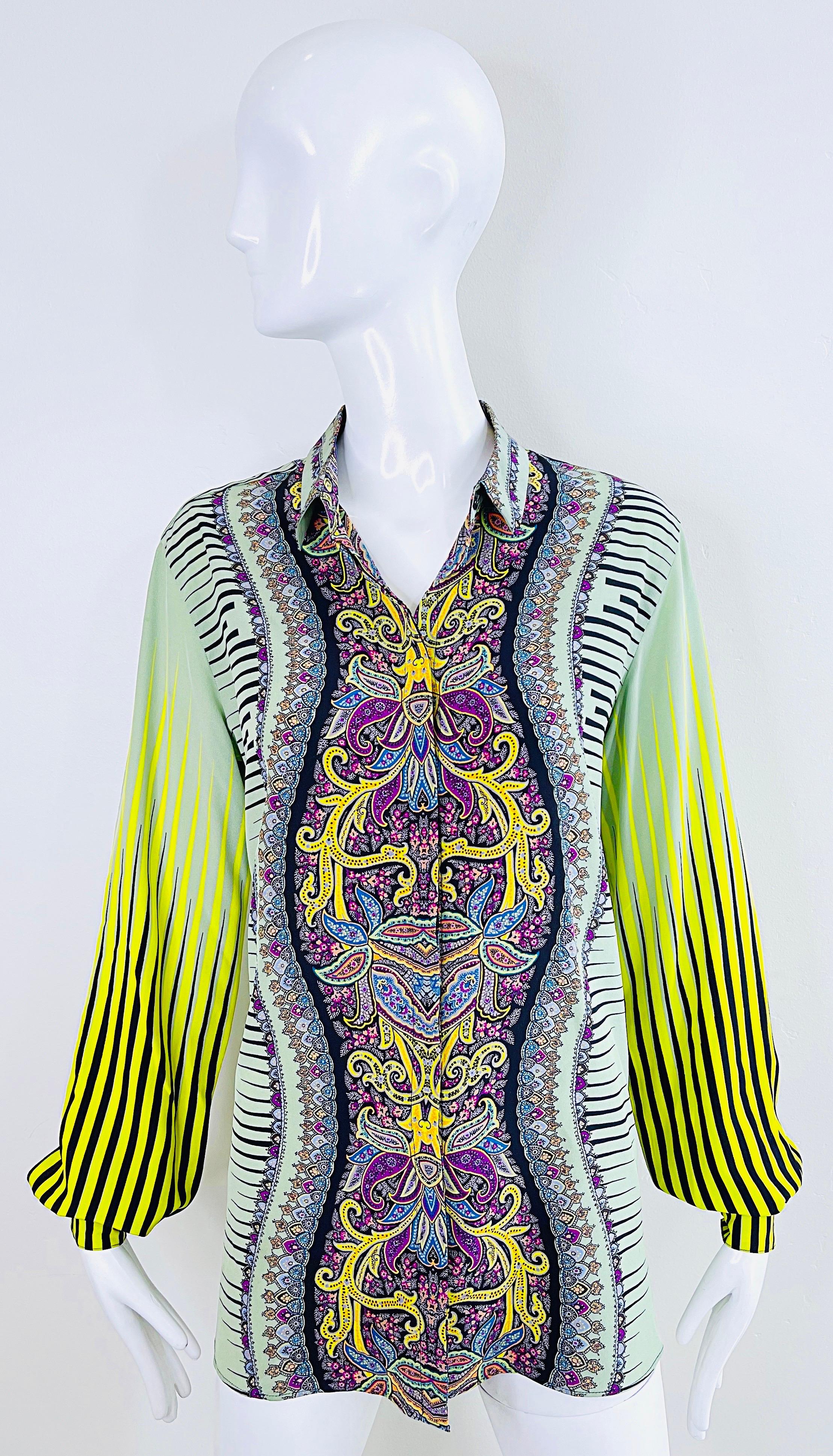 Etro 2000s Women’s Size 46 / US 10 12 Colorful Paisley Striped Y2K Silk Blouse  In Excellent Condition For Sale In San Diego, CA