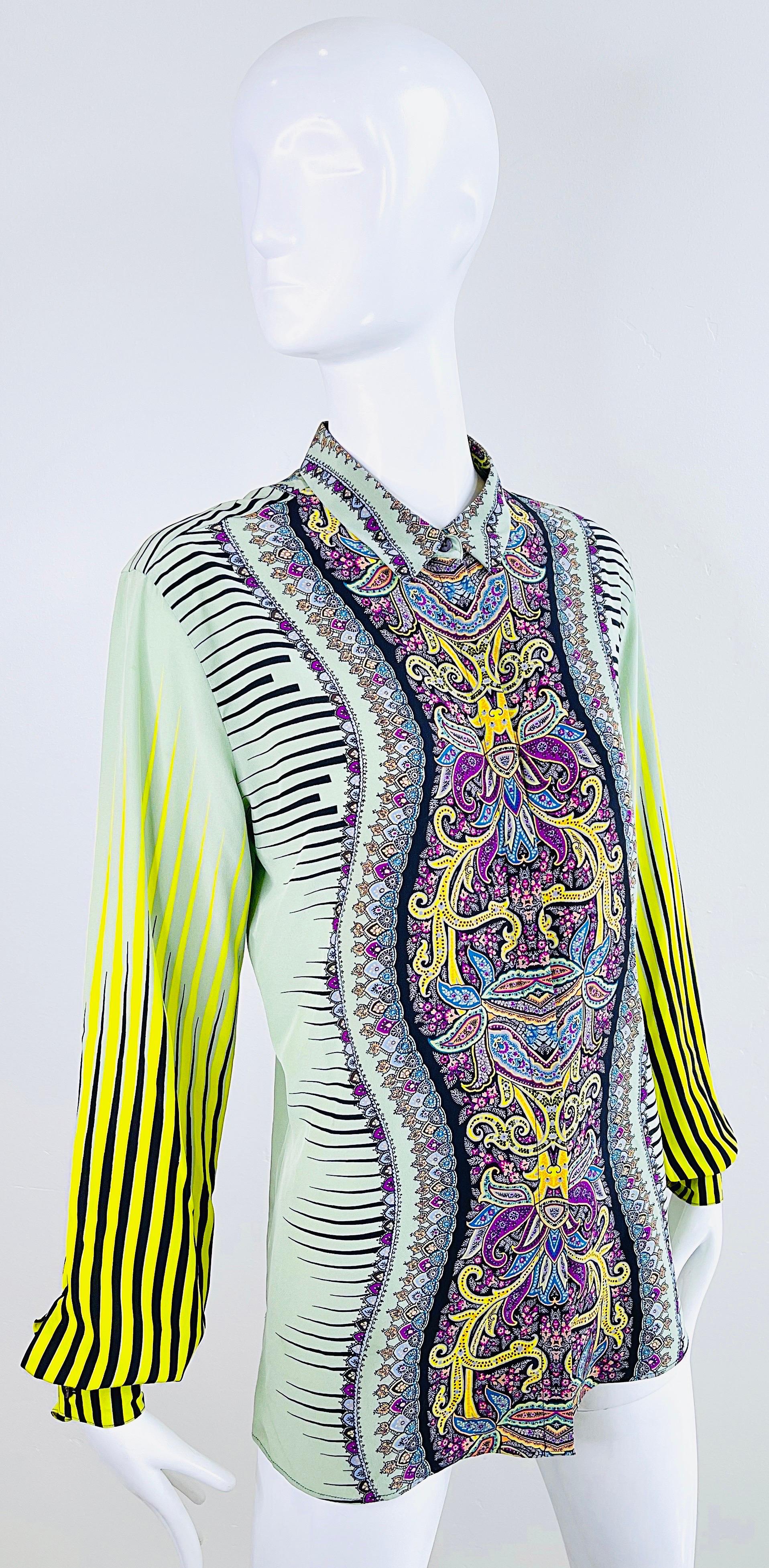 Etro 2000s Femmes Taille 46 / US 10 12 Colorful Paisley Striped Y2K Silk Blouse  en vente 1