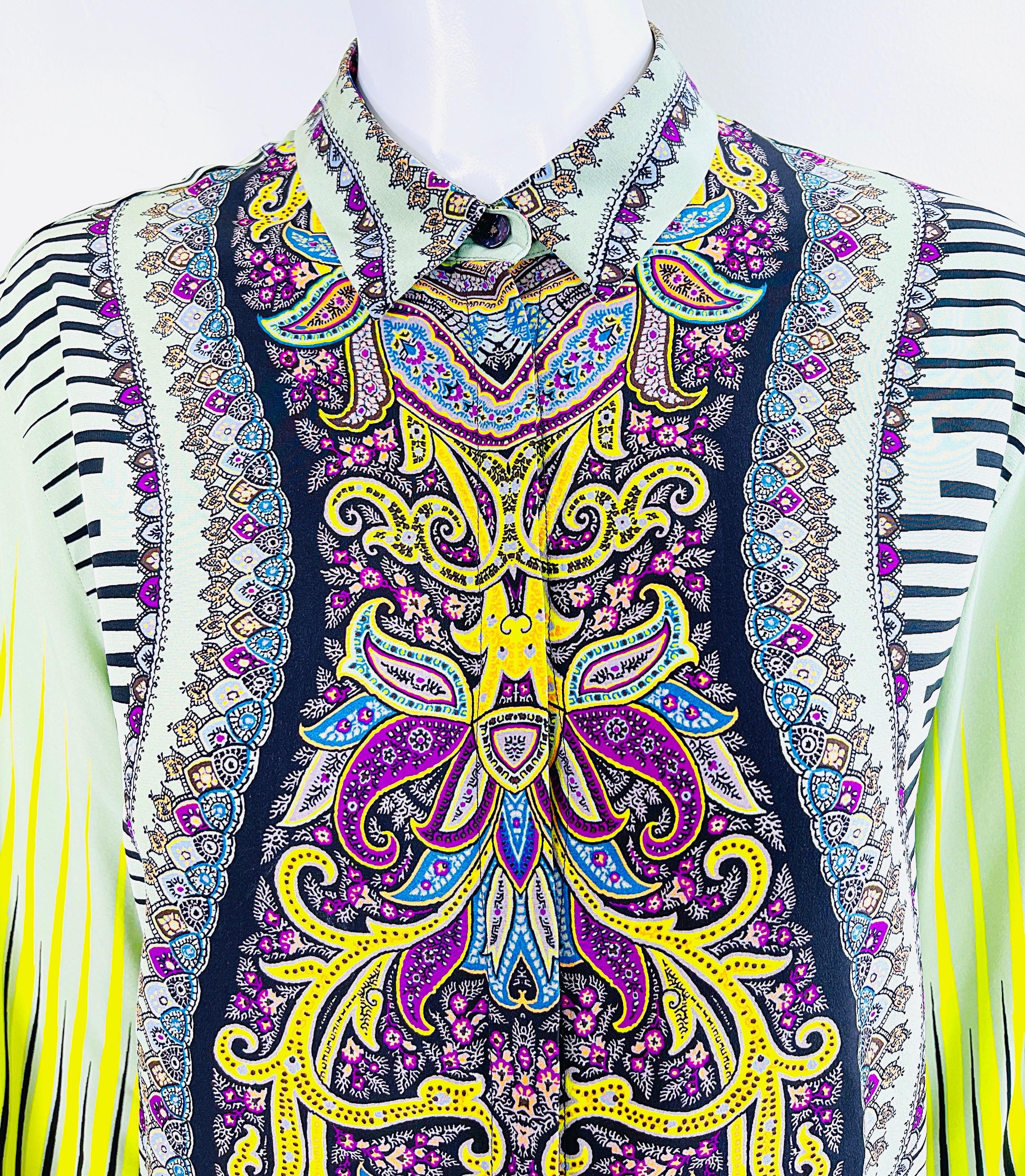 Etro 2000s Femmes Taille 46 / US 10 12 Colorful Paisley Striped Y2K Silk Blouse  en vente 3