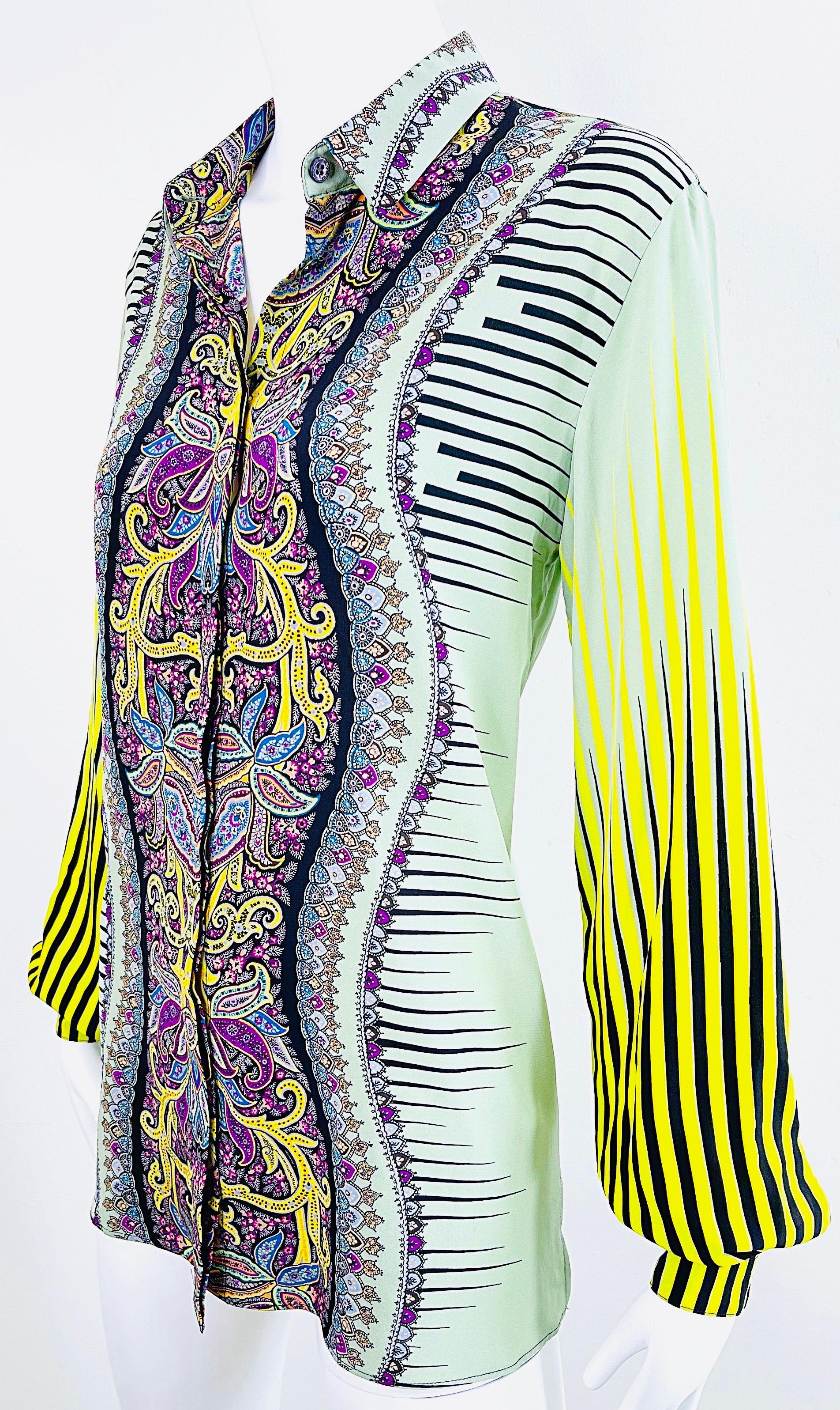 Etro 2000s Femmes Taille 46 / US 10 12 Colorful Paisley Striped Y2K Silk Blouse  en vente 4