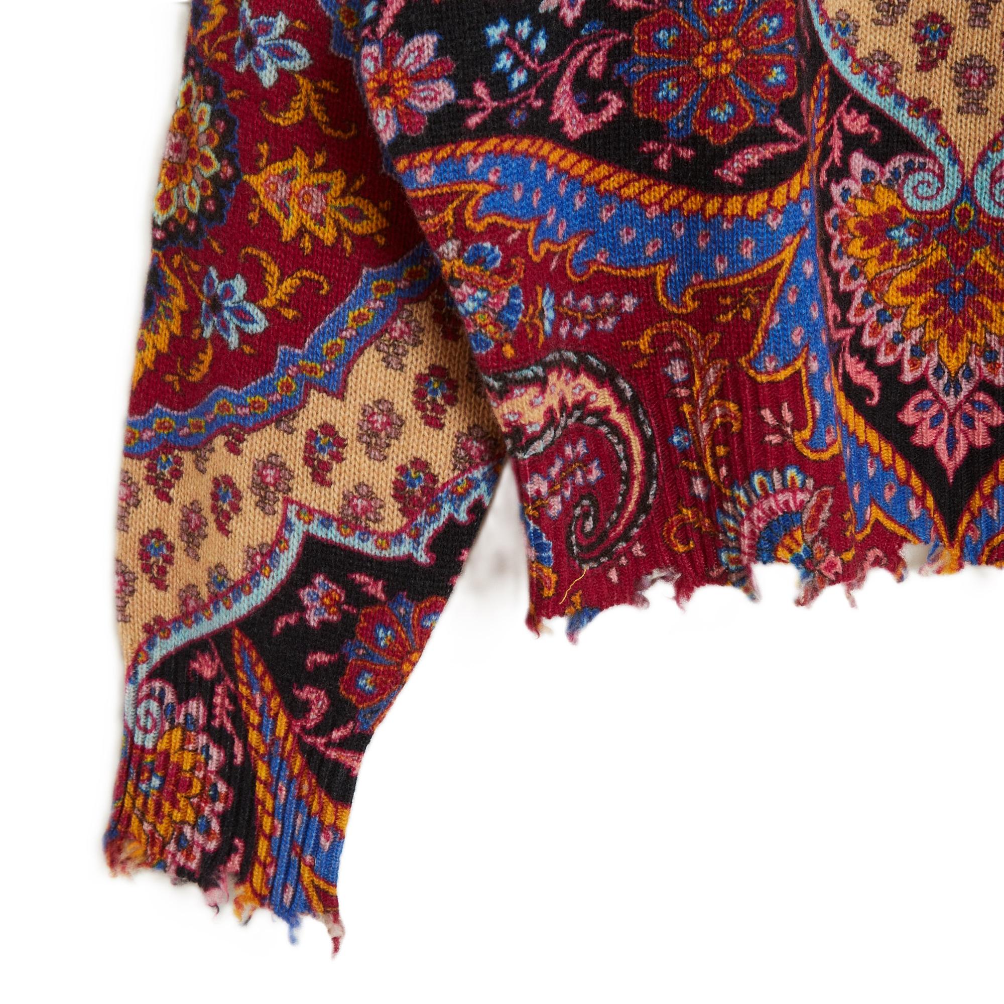 Etro sweater circa 2021 in wool, crop and almost batwing armholes, paisley print in orange-red tones, 