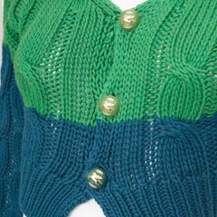 ETRO 2023 Cardigan corto bicolore verde acqua in misto cotone e cashmere con lavorazione a trecce IT38 XXS