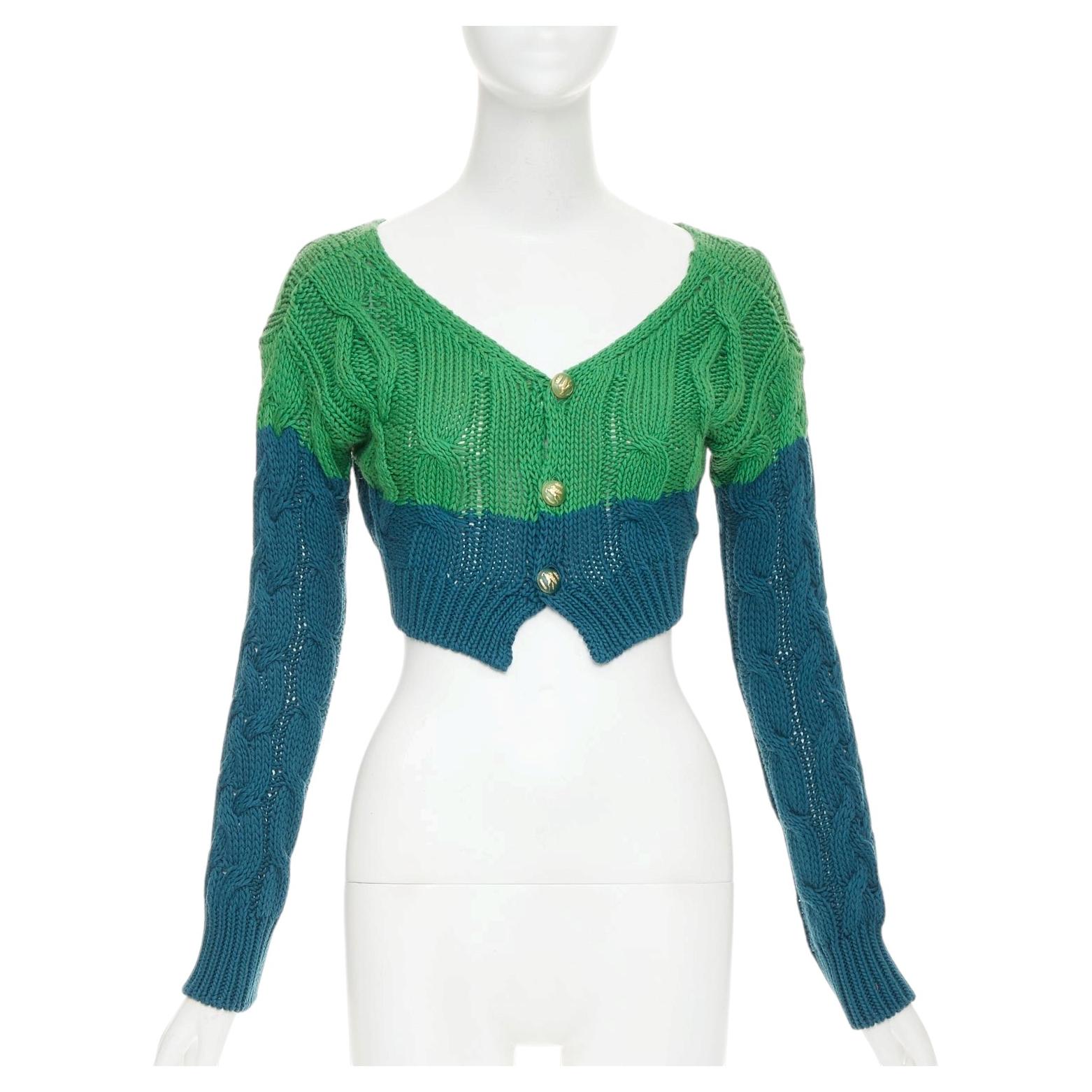 ETRO 2023 bicolor teal cotton cashmere mixedcable knit cropped cardigan IT38 XXS