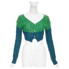 ETRO 2023 Cardigan corto bicolore verde acqua in misto cotone e cashmere con lavorazione a trecce IT38 XXS