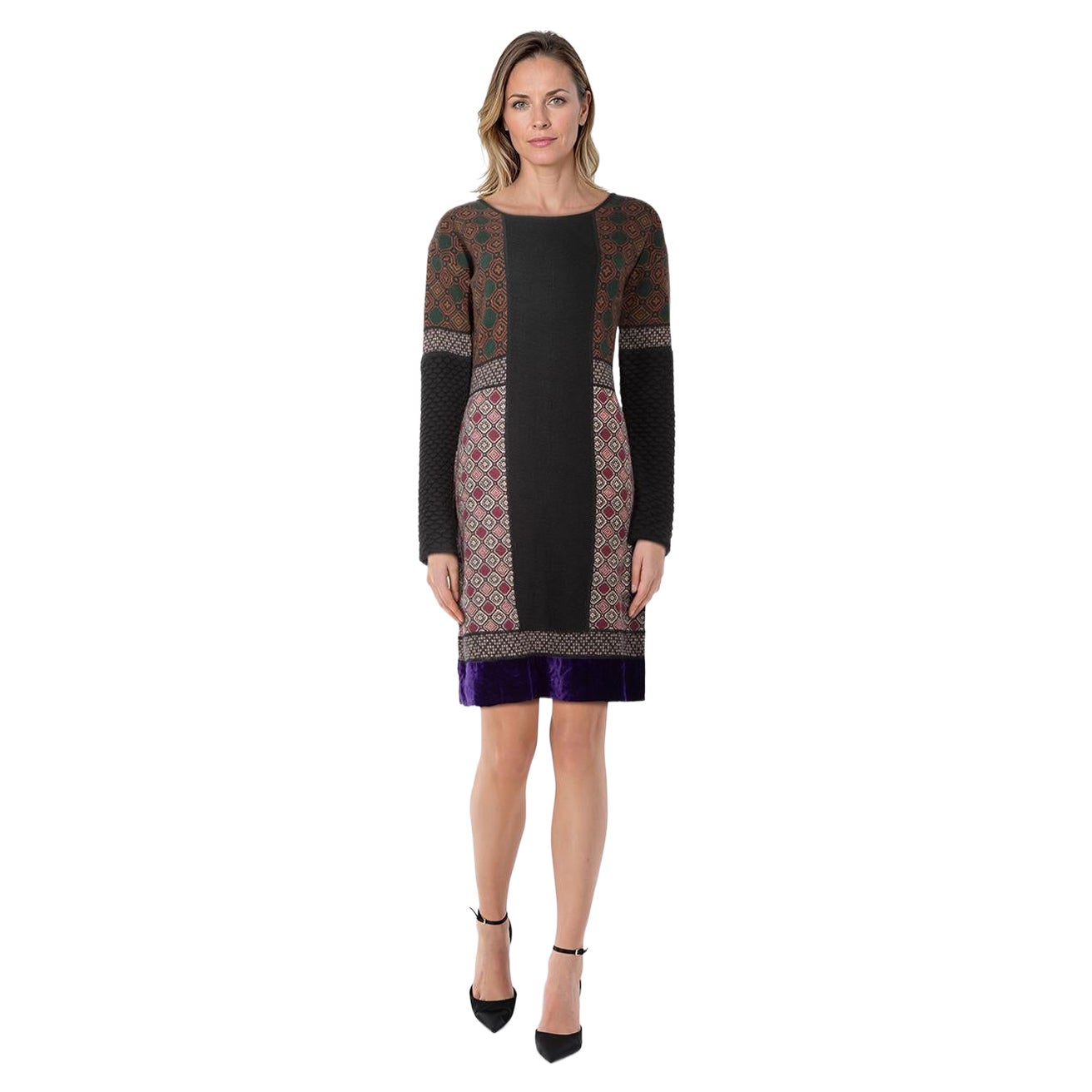 Etro Abstract Pattern Long Sleeve Wool Dress Size S For Sale